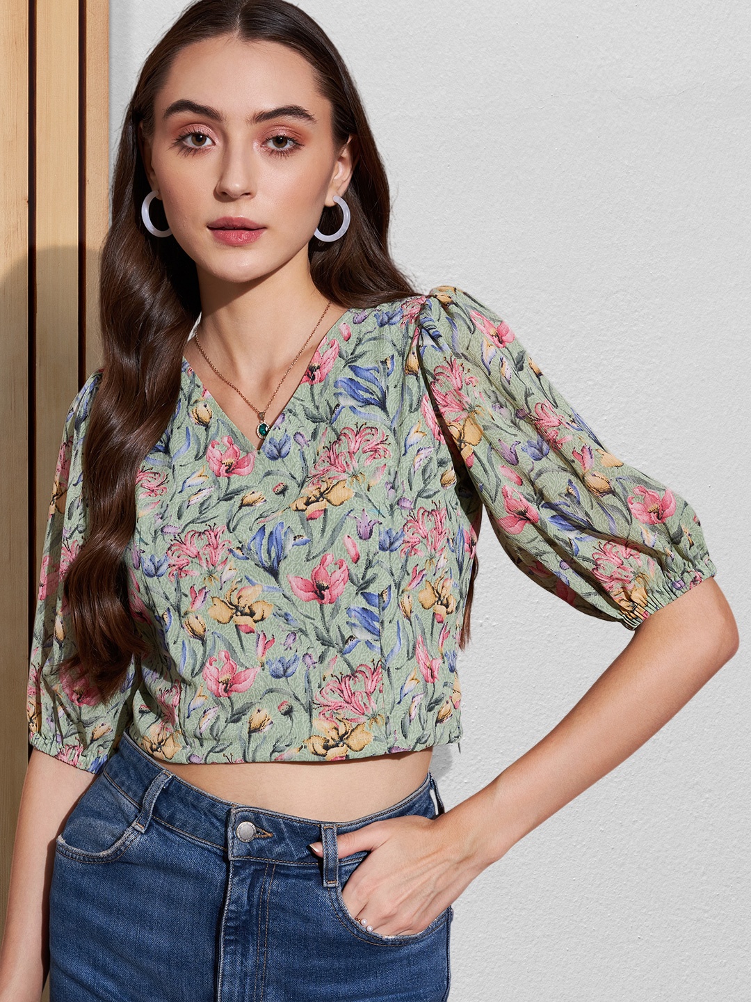 

DressBerry Floral Printed Puff Sleeve Chiffon Crop Top, Green