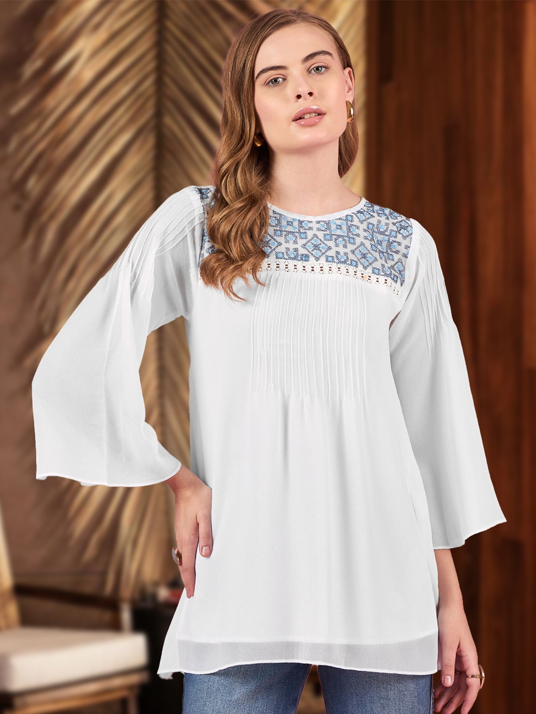 

DressBerry Women Bell Sleeves Embroidered Lace Up Longline Top, White