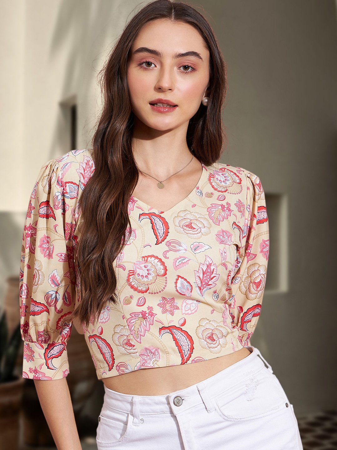 

DressBerry Women Floral Printed Puff Sleeves Crop Top, Beige