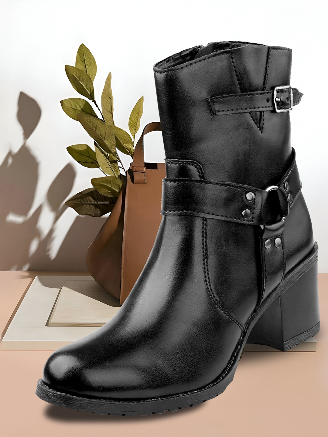 

Bxxy Women Classic High Ankle Zipper Boots with Ring Design, Black