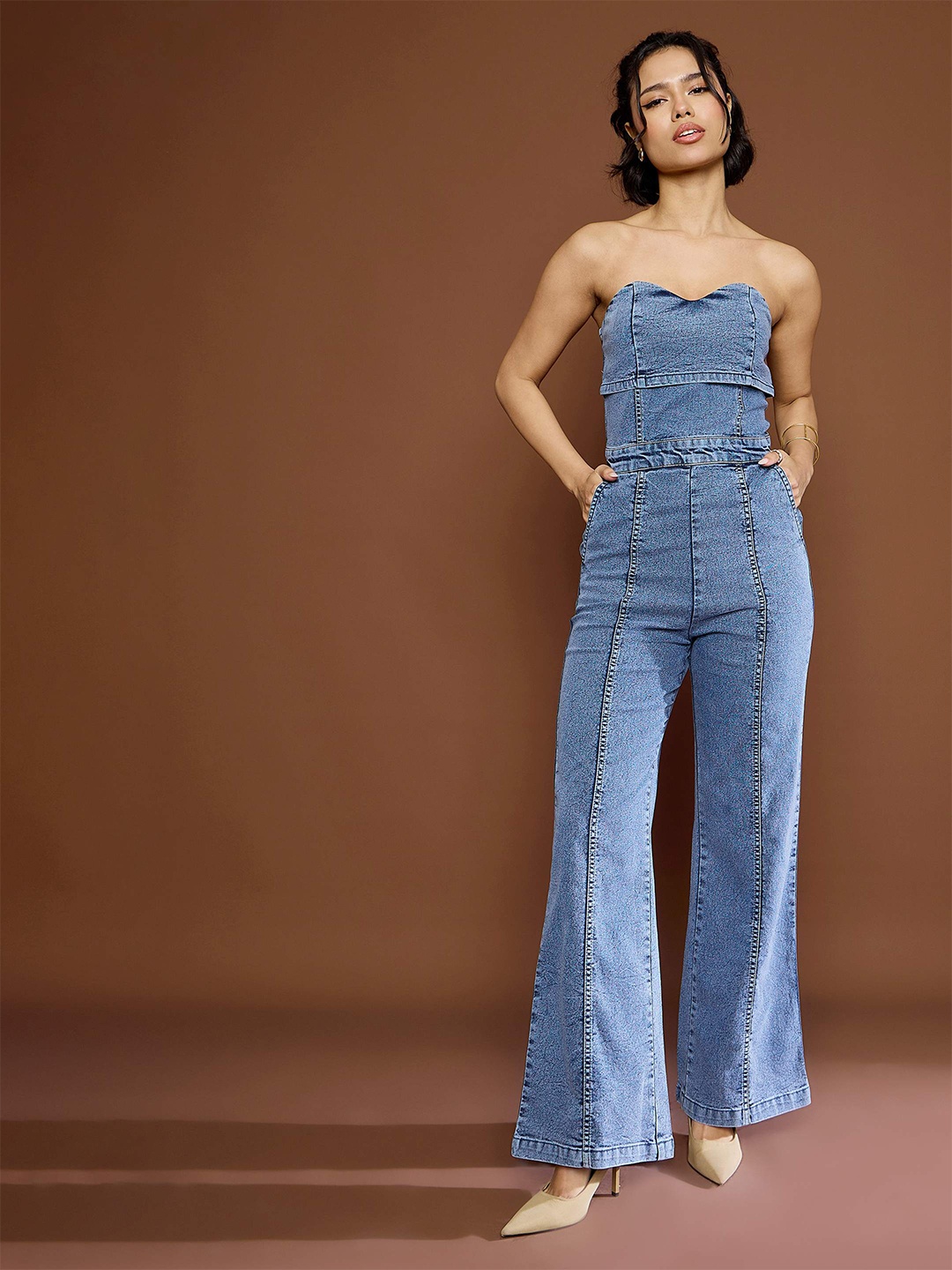 

SASSAFRAS Women Denim Strapless Basic Jumpsuit, Blue