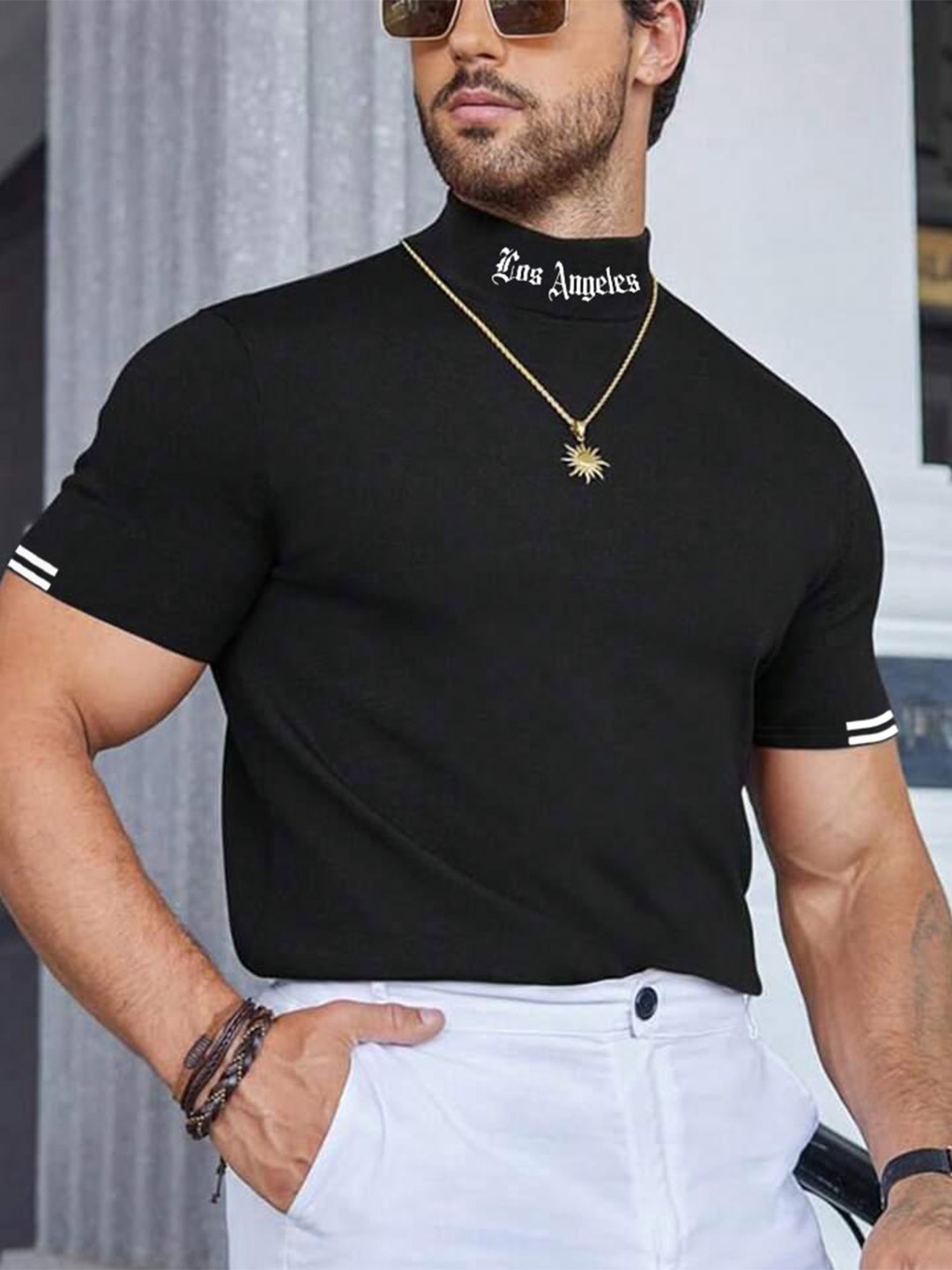 

The Dry State Men Solid High Neck Cotton T-shirt, Black