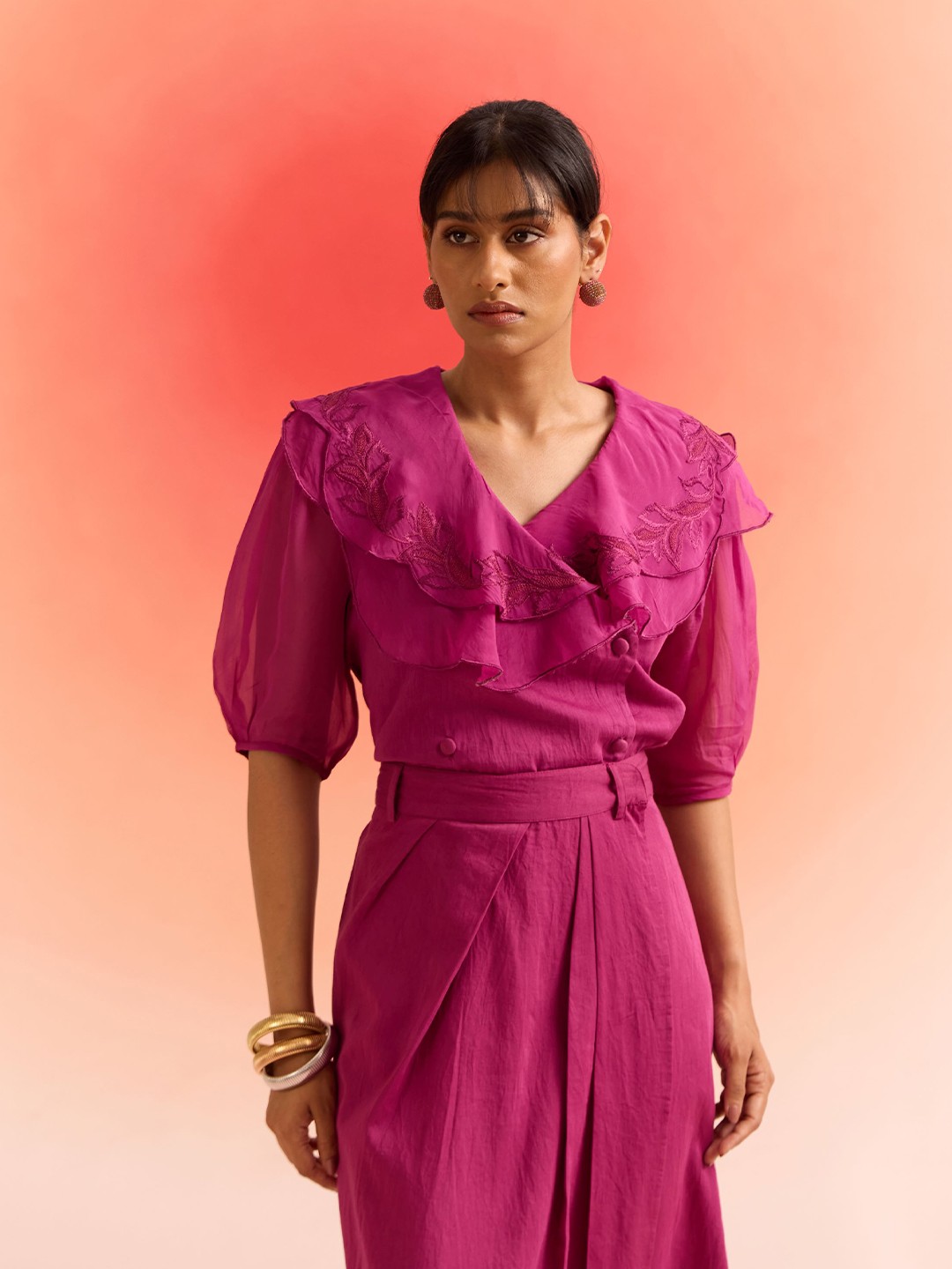 

Western Era Women Double Layered Scalloped Puff Sleeve Satin Embroidered Top, Pink