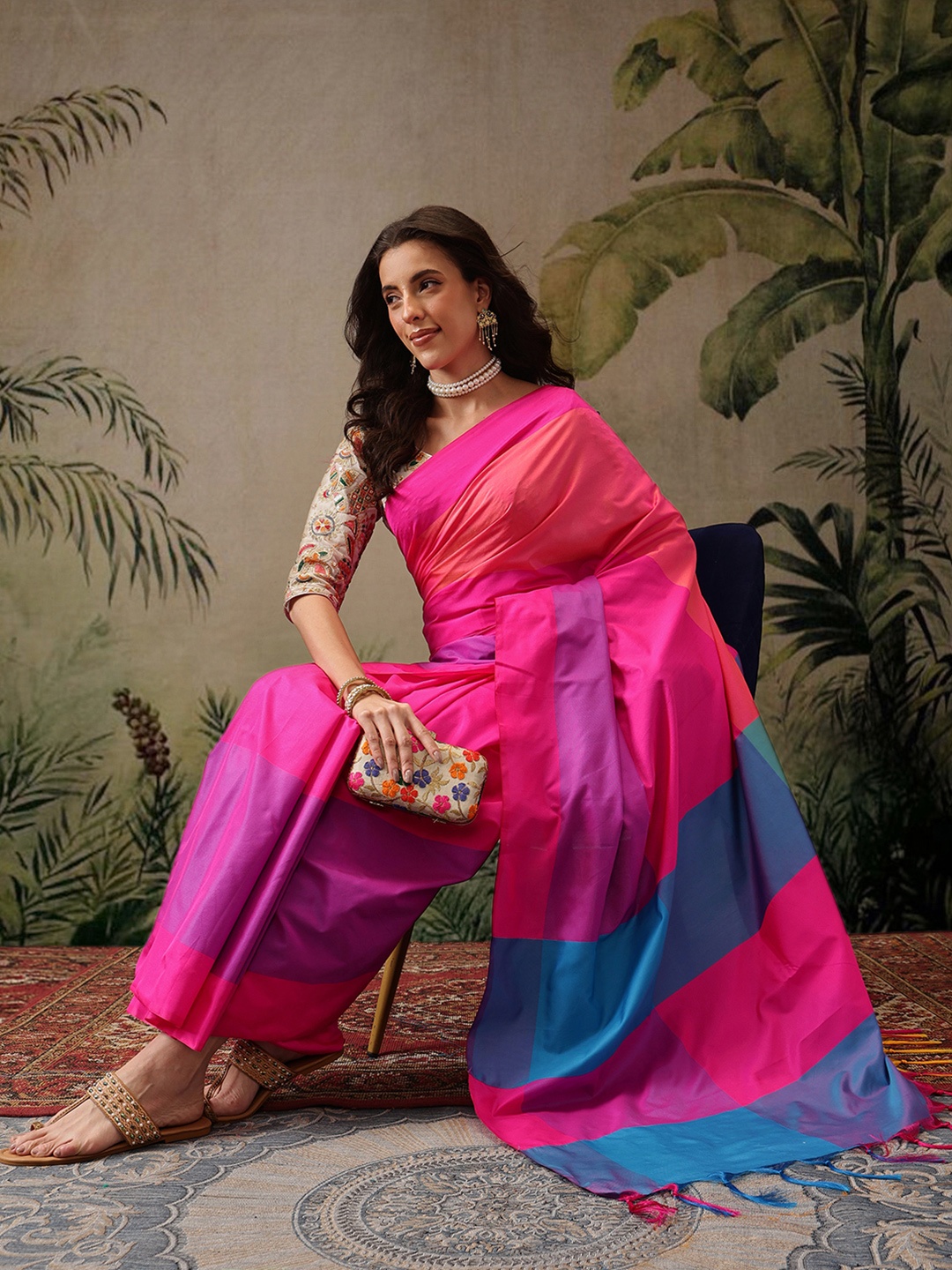 

DIVASTRI Soft Uppada Silk Arani Colorblock Banarasi Saree, Pink