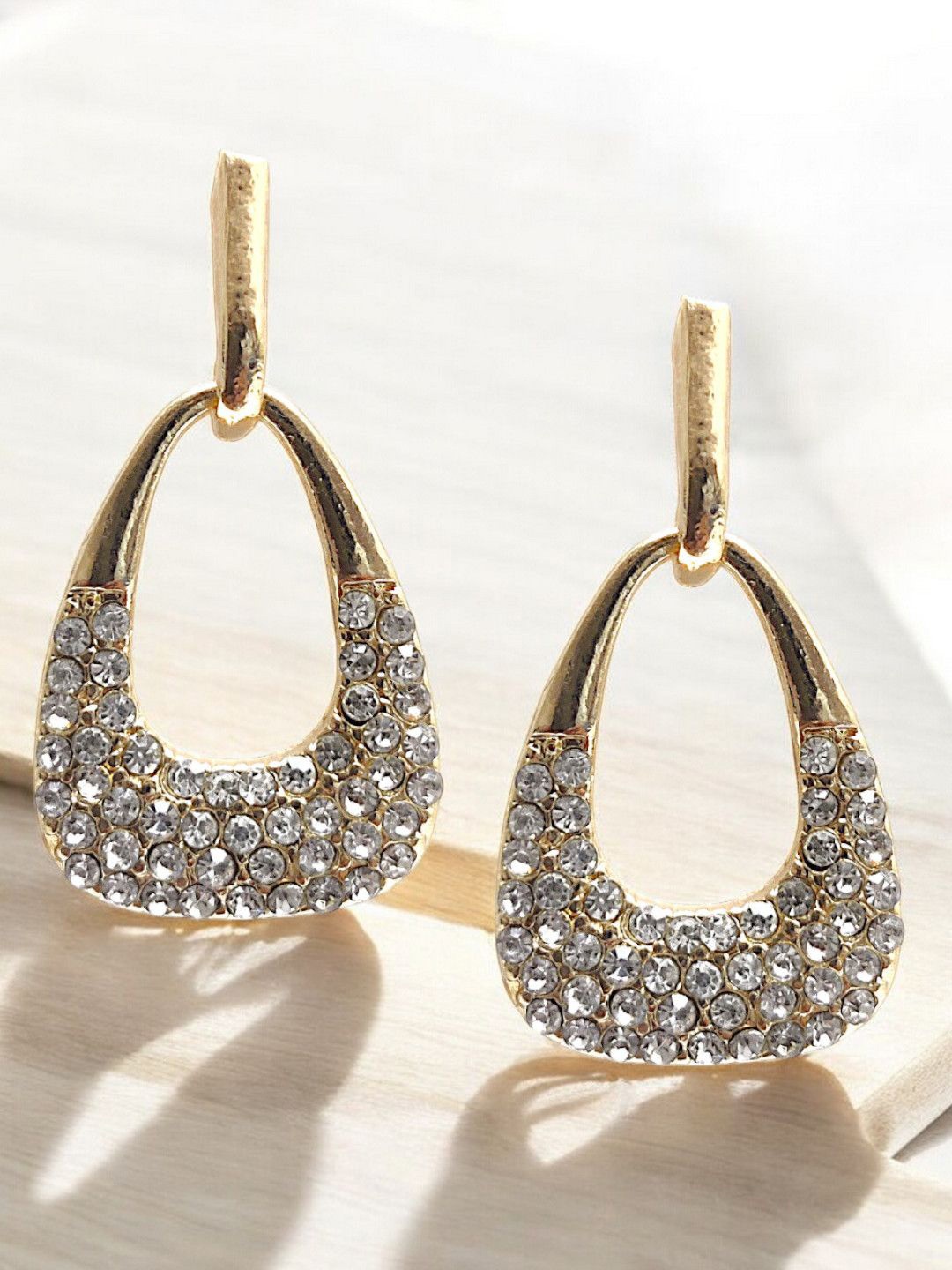 

OOMPH Delicate Crystal Studded Contemporary Drop Earrings, Gold