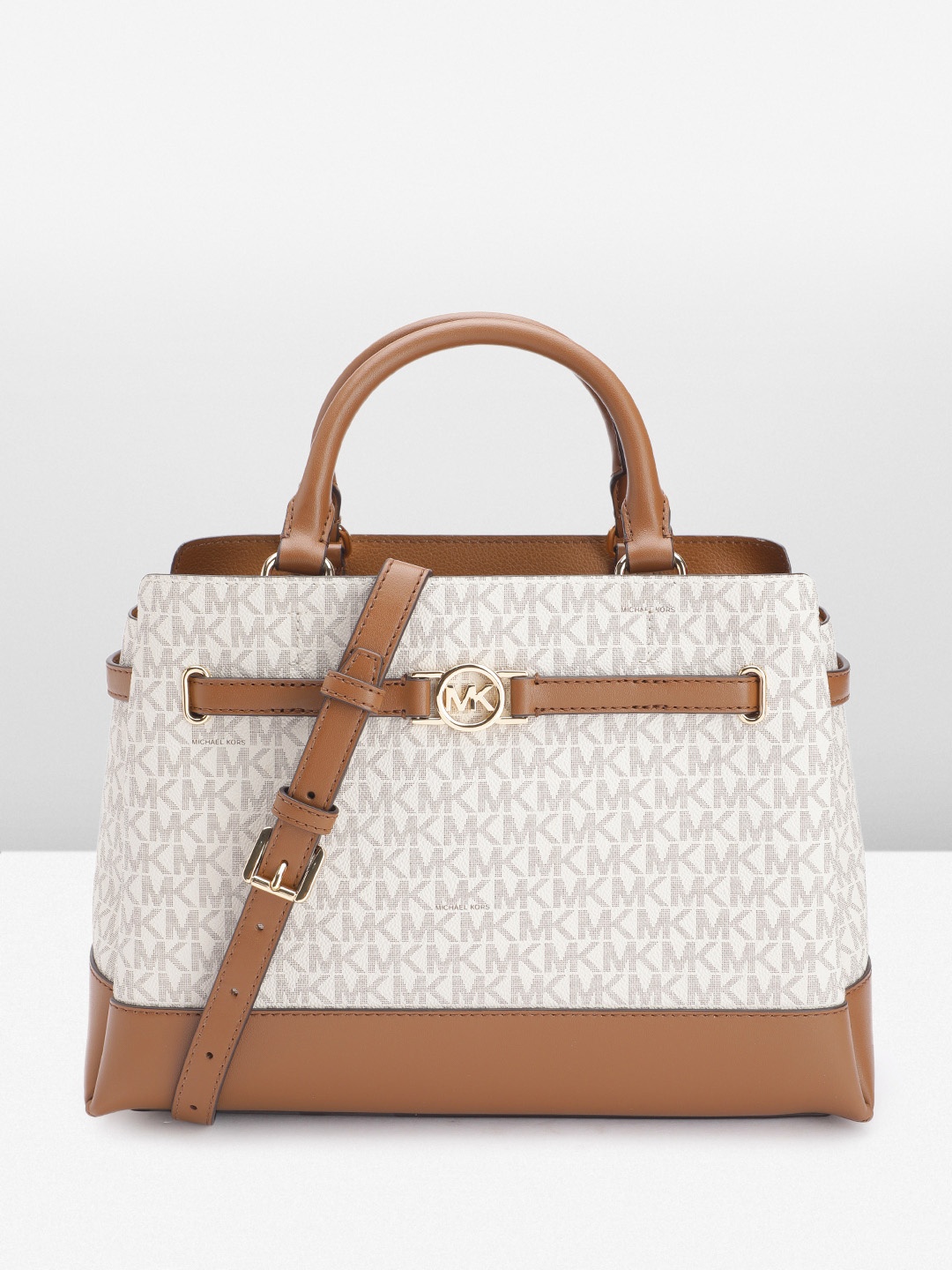 

Michael Kors Brand Logo Printed Structured Satchel with Belt Detail, Beige