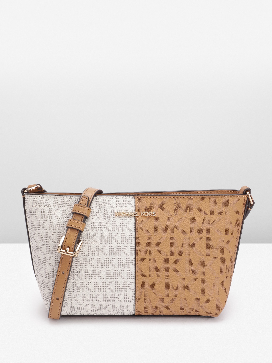 

Michael Kors Brand Logo Print Colourblocked Structured Sling Bag, Brown