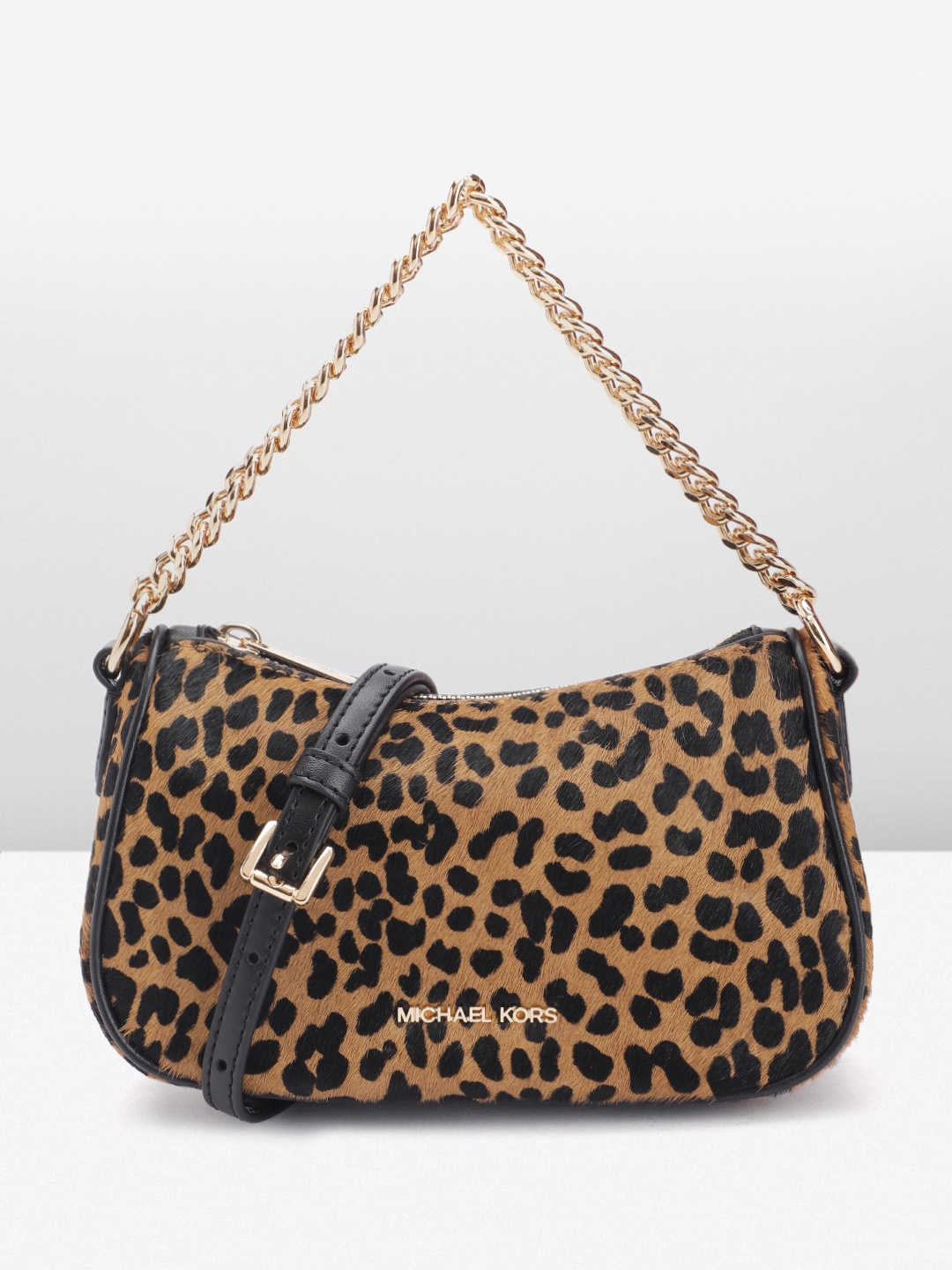 

Michael Kors Leopard Print Leather Structured Handheld Bag with Fur Detail, Brown