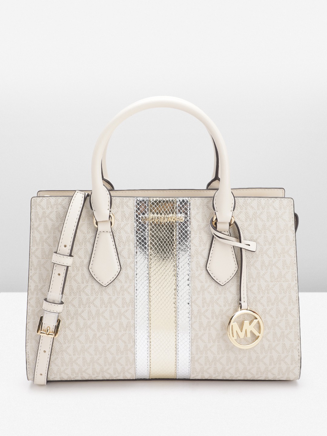 

Michael Kors Brand Logo Printed Satchel with Metallic Detailing, Beige