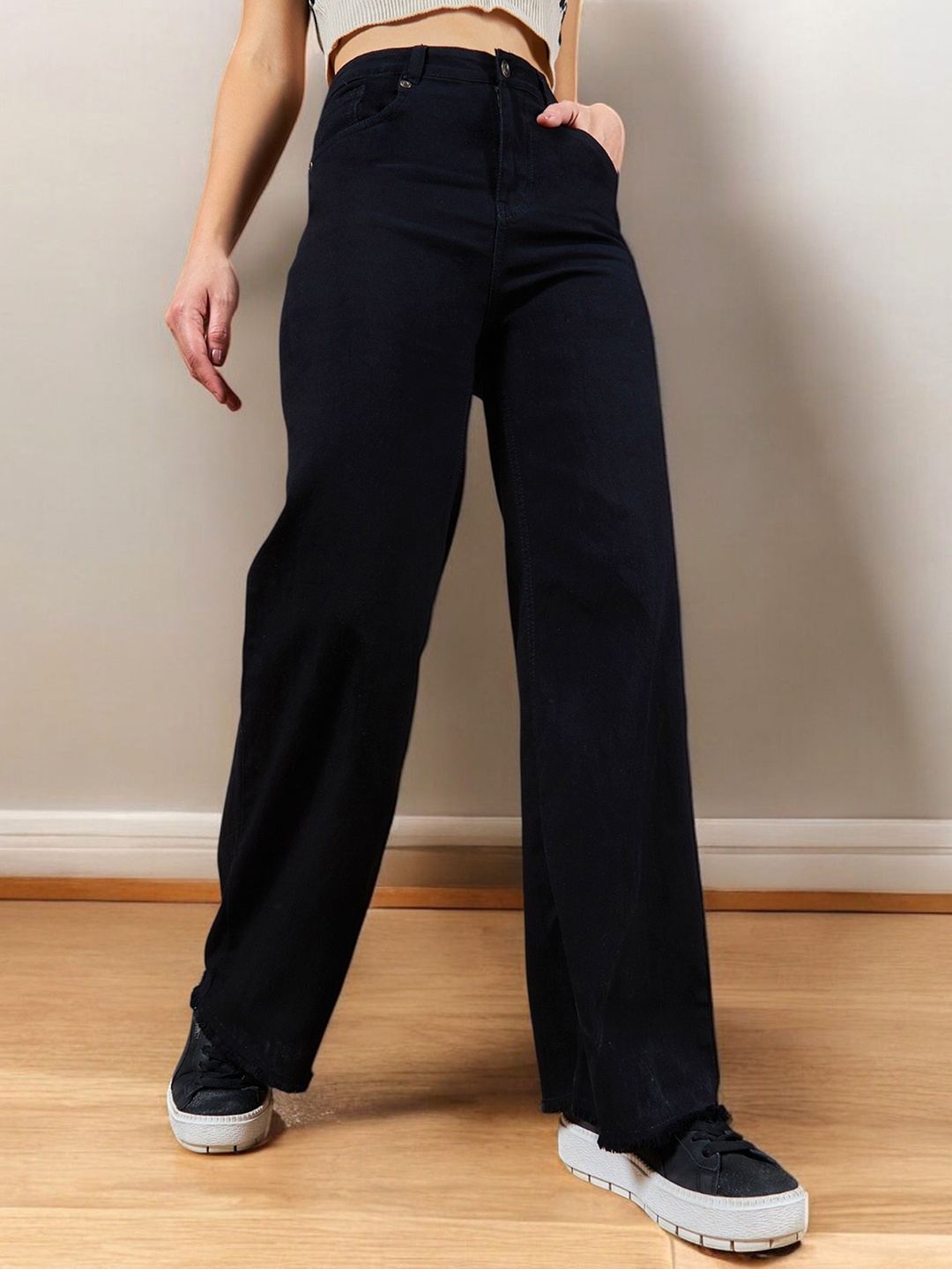 

DOLCE CRUDO Women Wide Leg High-Rise Stretchable Jeans, Black