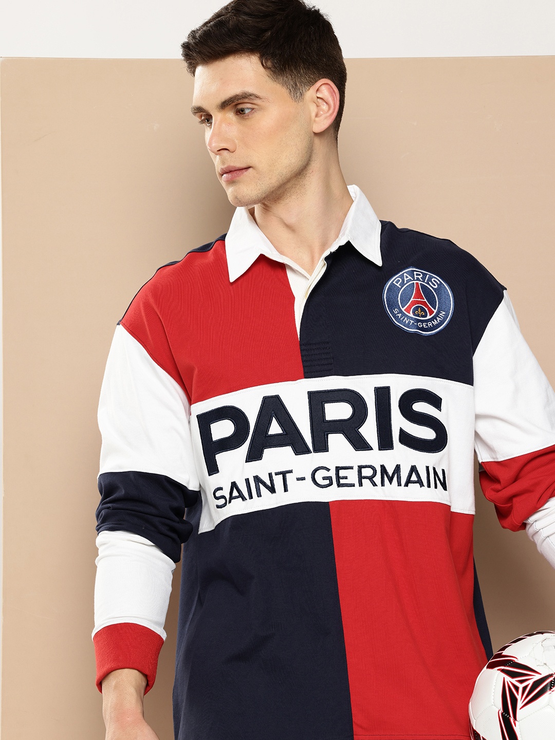 

PSG Men Paris Saint-Germain Polo Collar Oversized Pure Cotton T-shirt, Navy blue