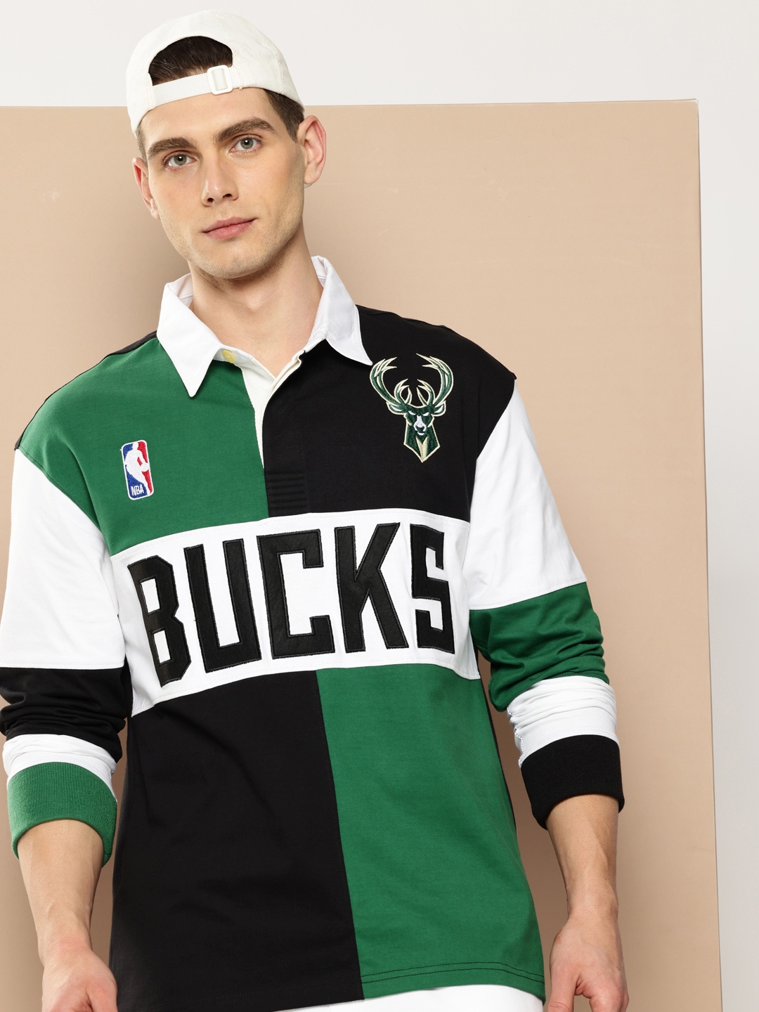 

NBA Milwaukee Bucks Embroidered Colourblocked Pure Cotton Oversized Polo Collar T-shirt, Green