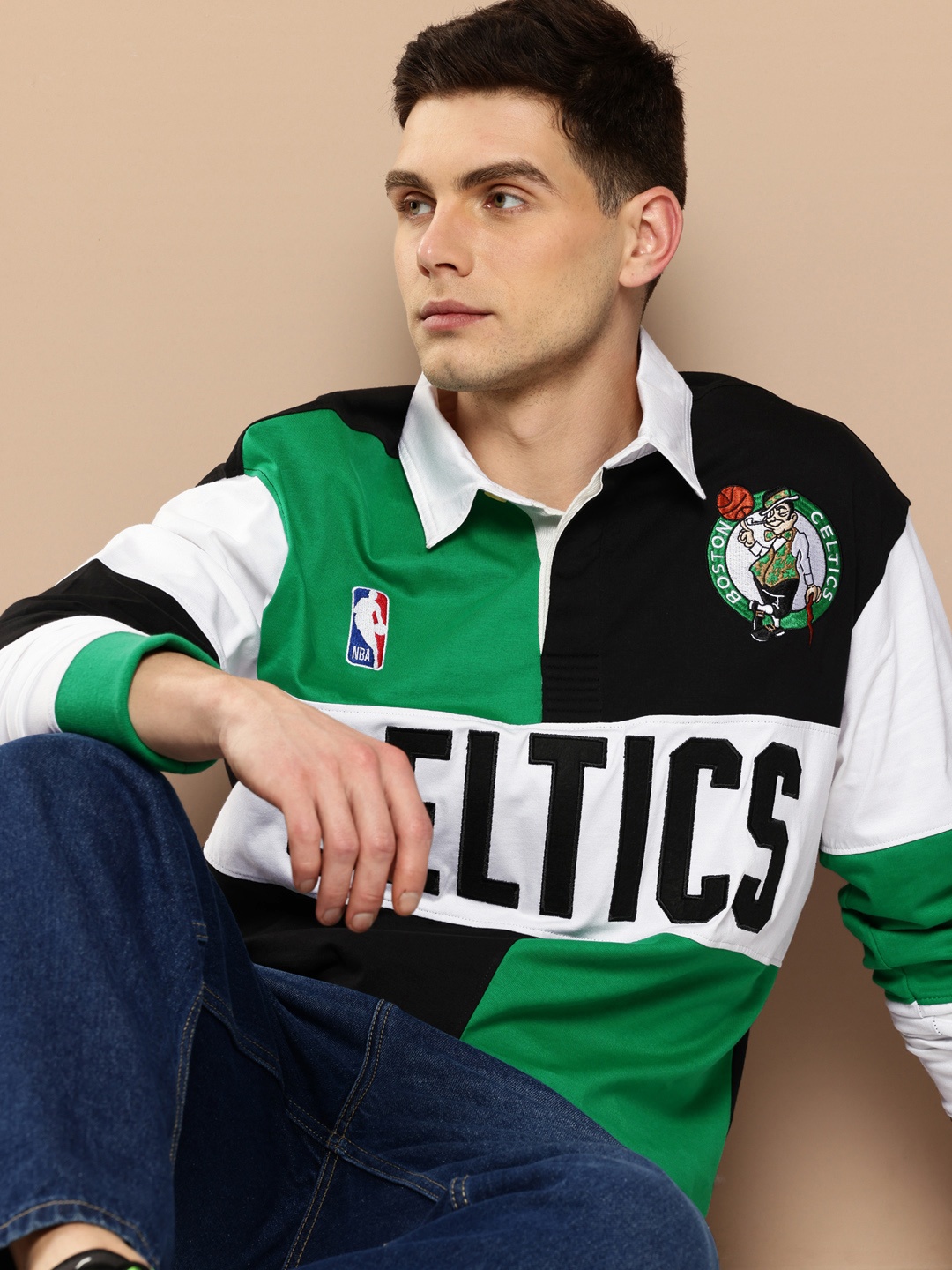 

NBA Boston Celtics Embroidered Colourblocked Pure Cotton Oversized Polo Collar T-shirt, Green