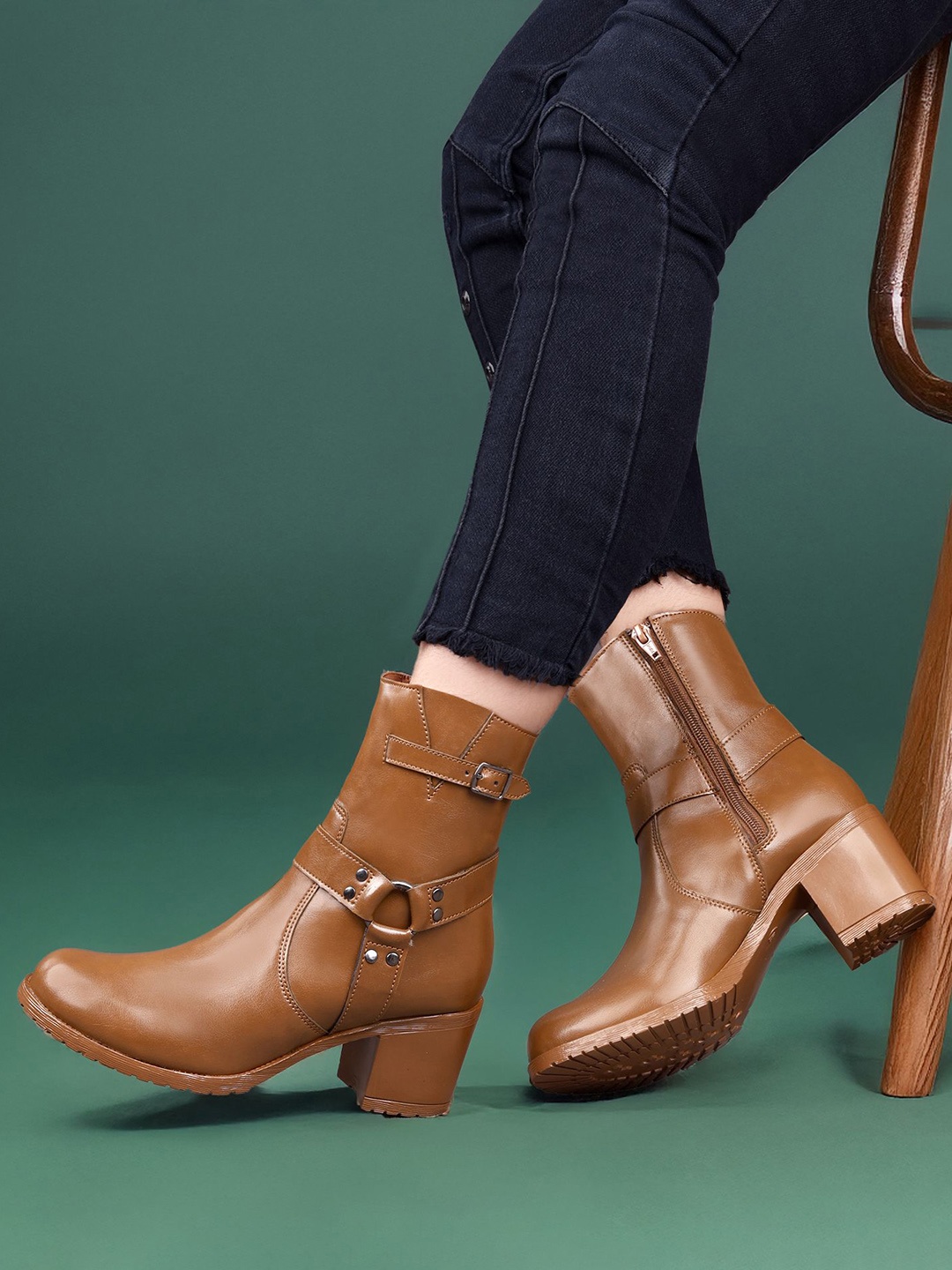 

Bxxy Women Classic High Ankle Zipper Boots with Ring Design, Tan