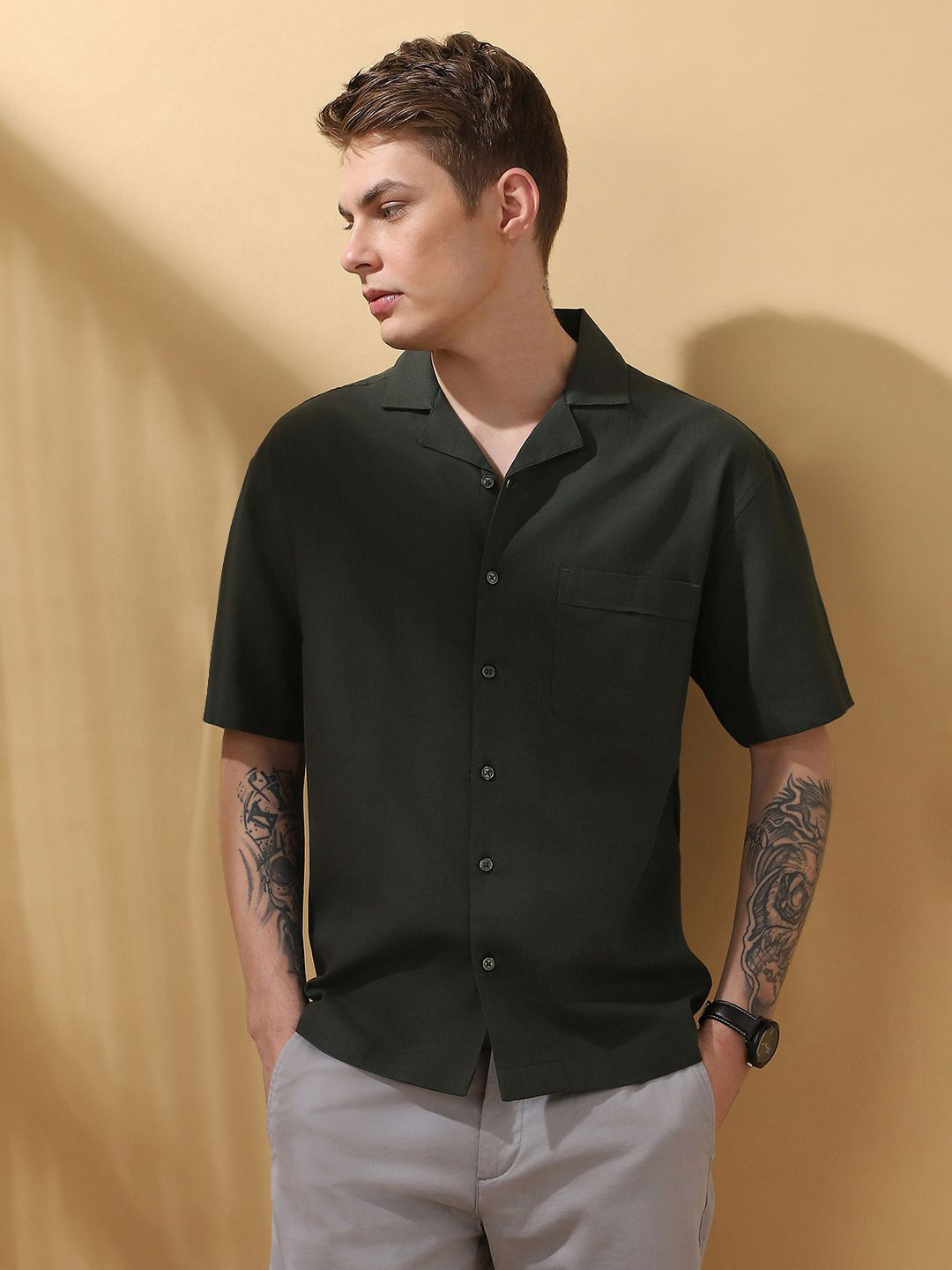 

Dennis Lingo Men Relaxed Fit Cuban Collar Self Design Cotton Casual Shirt, Olive