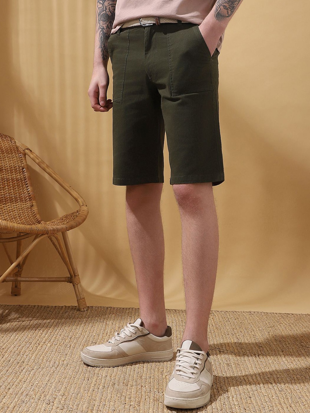 

Dennis Lingo Knee Length Mid-Rise Cotton Casual Shorts, Olive