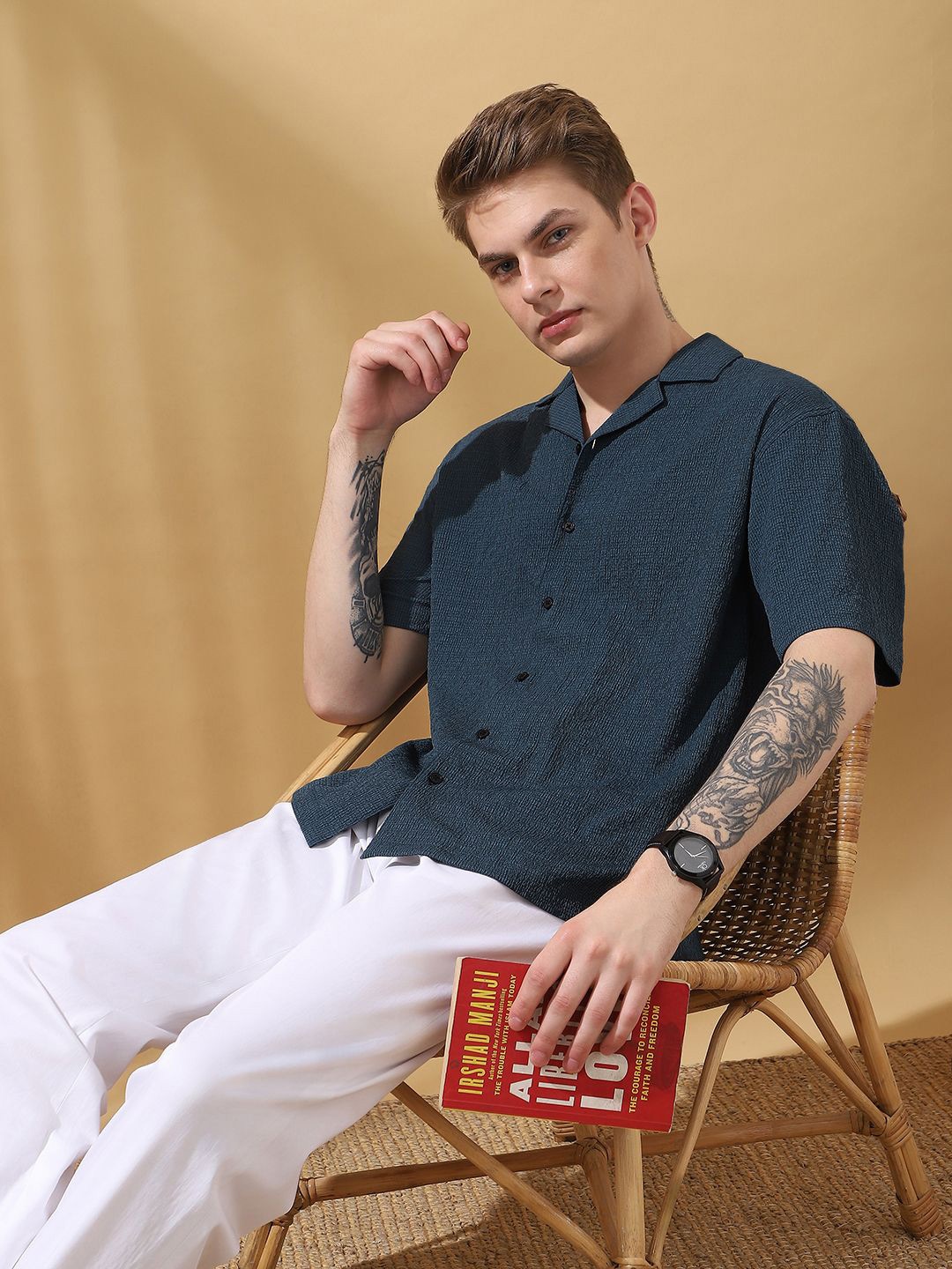 

Dennis Lingo Men Relaxed Fit Cuban Collar Textured Casual Shirt, Navy blue