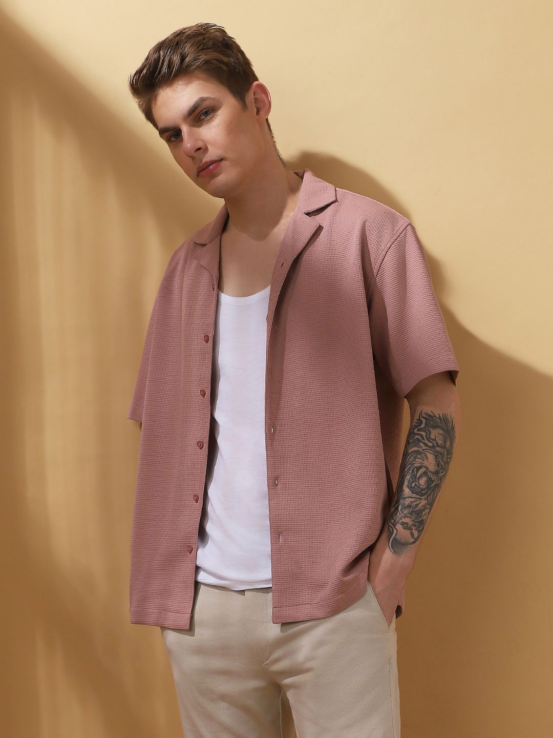 

Dennis Lingo Men Relaxed Fit Cuban Collar Textured Casual Shirt, Pink