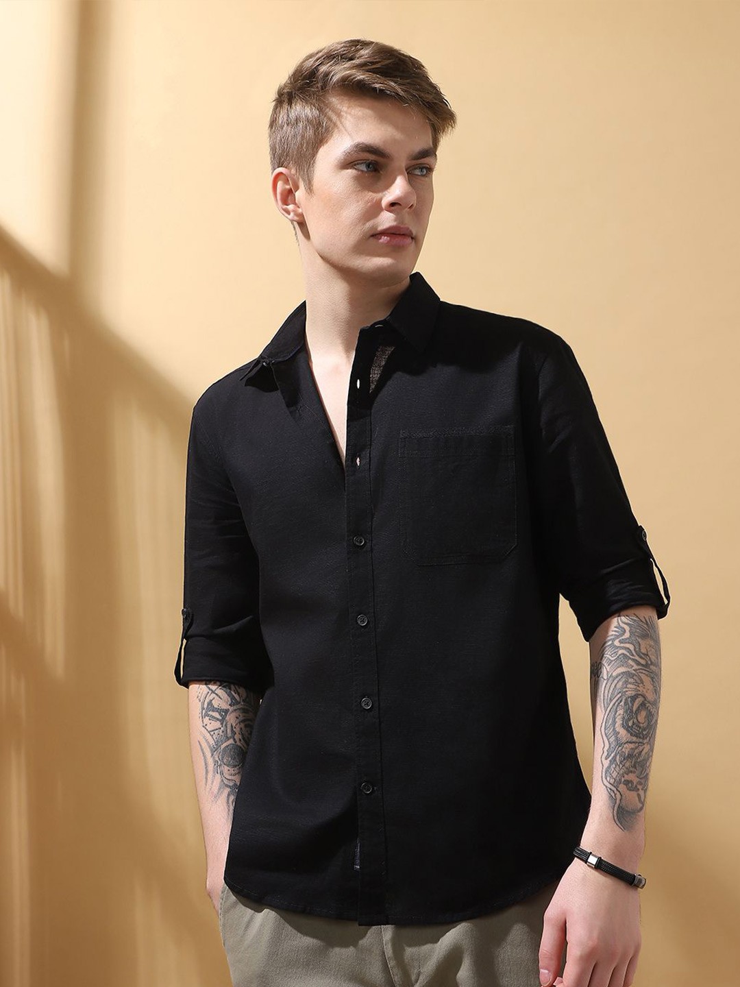 

Dennis Lingo Men Self Design Spread Collar Full Sleeves Cotton Shirt, Black