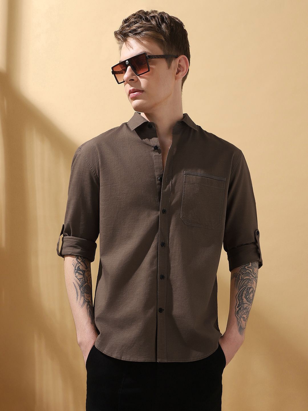 

Dennis Lingo Men Self Design Spread Collar Full Sleeves Cotton Shirt, Brown