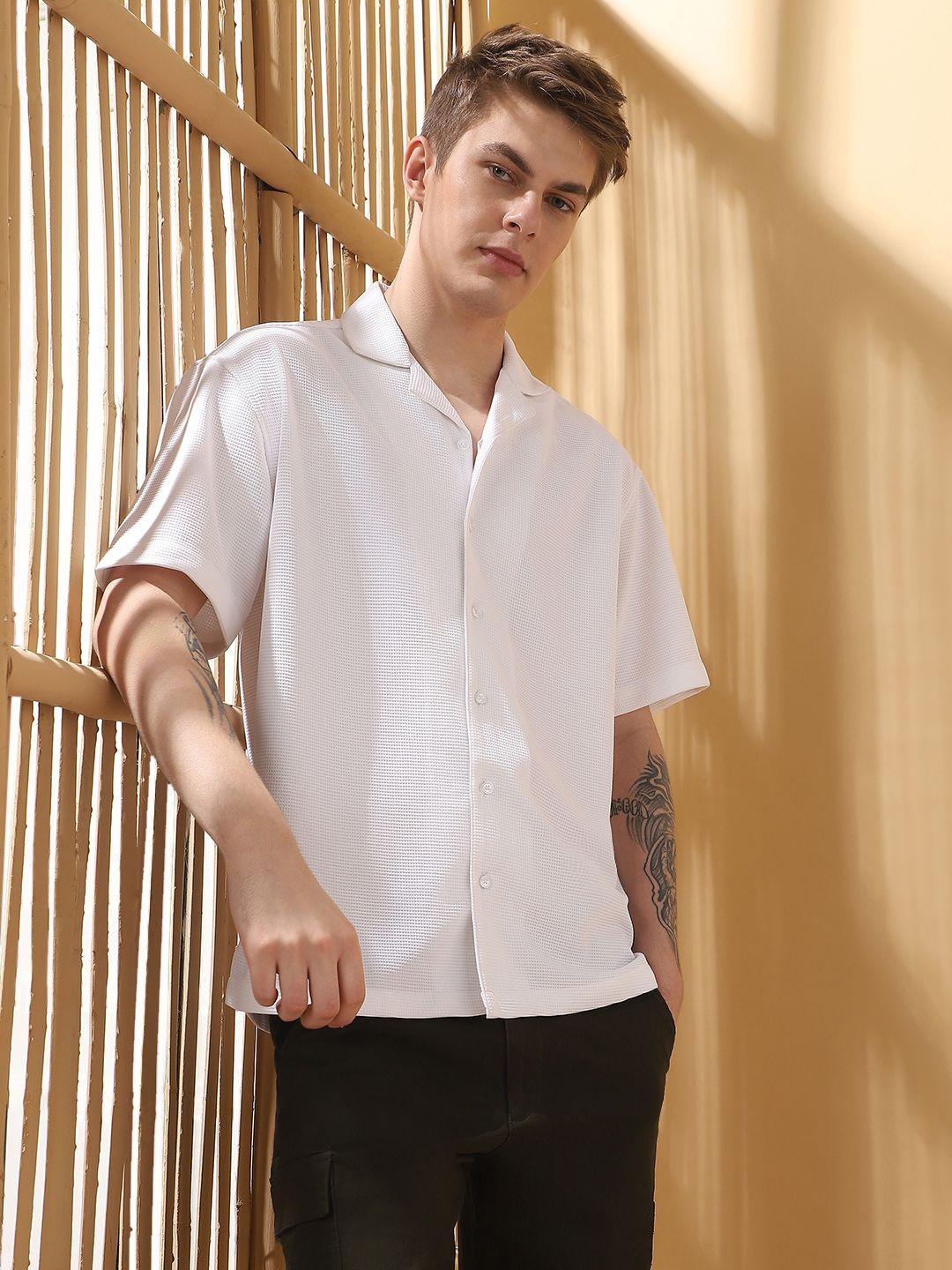 

Dennis Lingo Men Relaxed Fit Cuban Collar Textured Casual Shirt, White