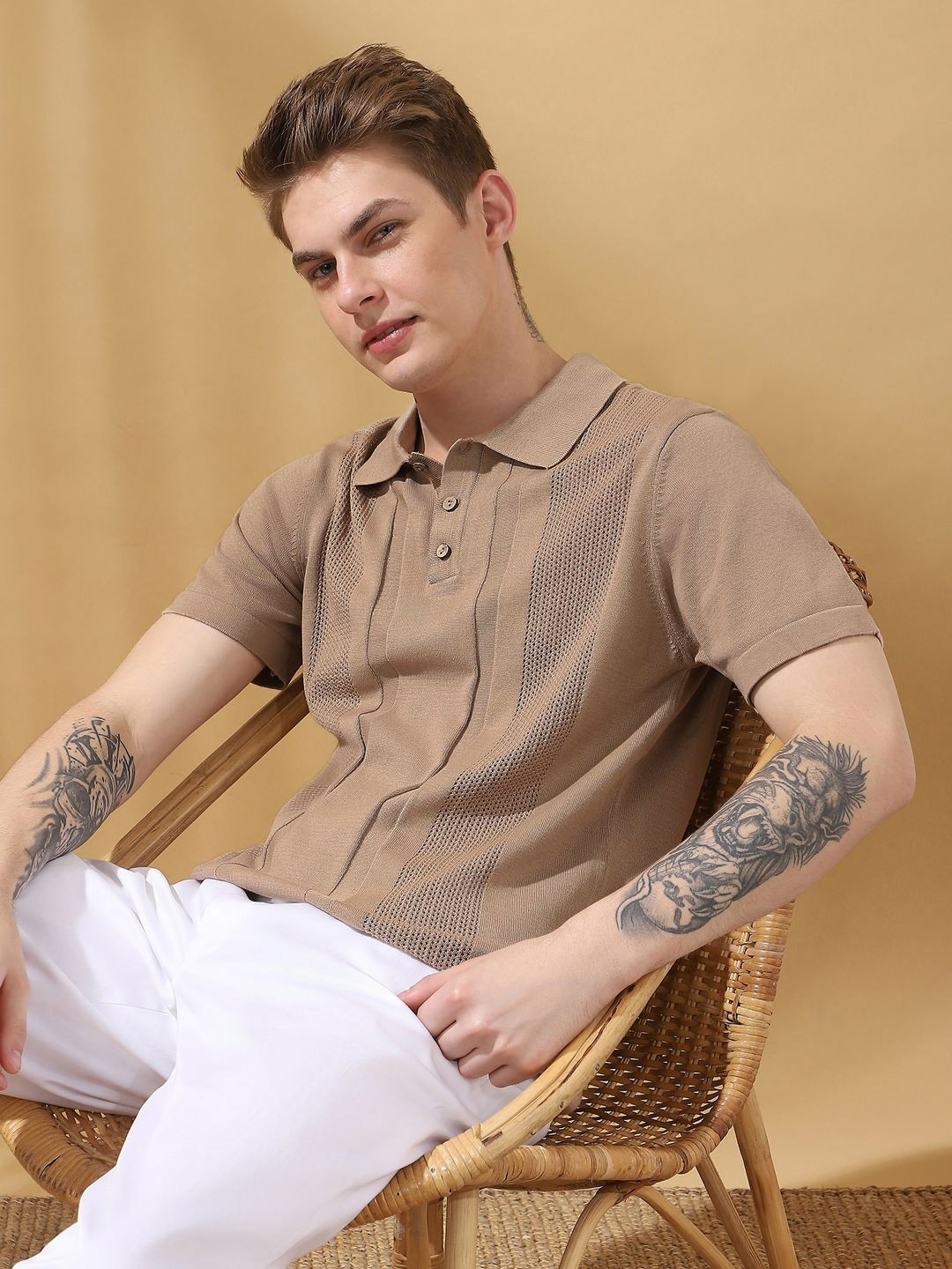 

Dennis Lingo Men Self Design Polo Collar Cotton Flat Knit T-shirt, Beige