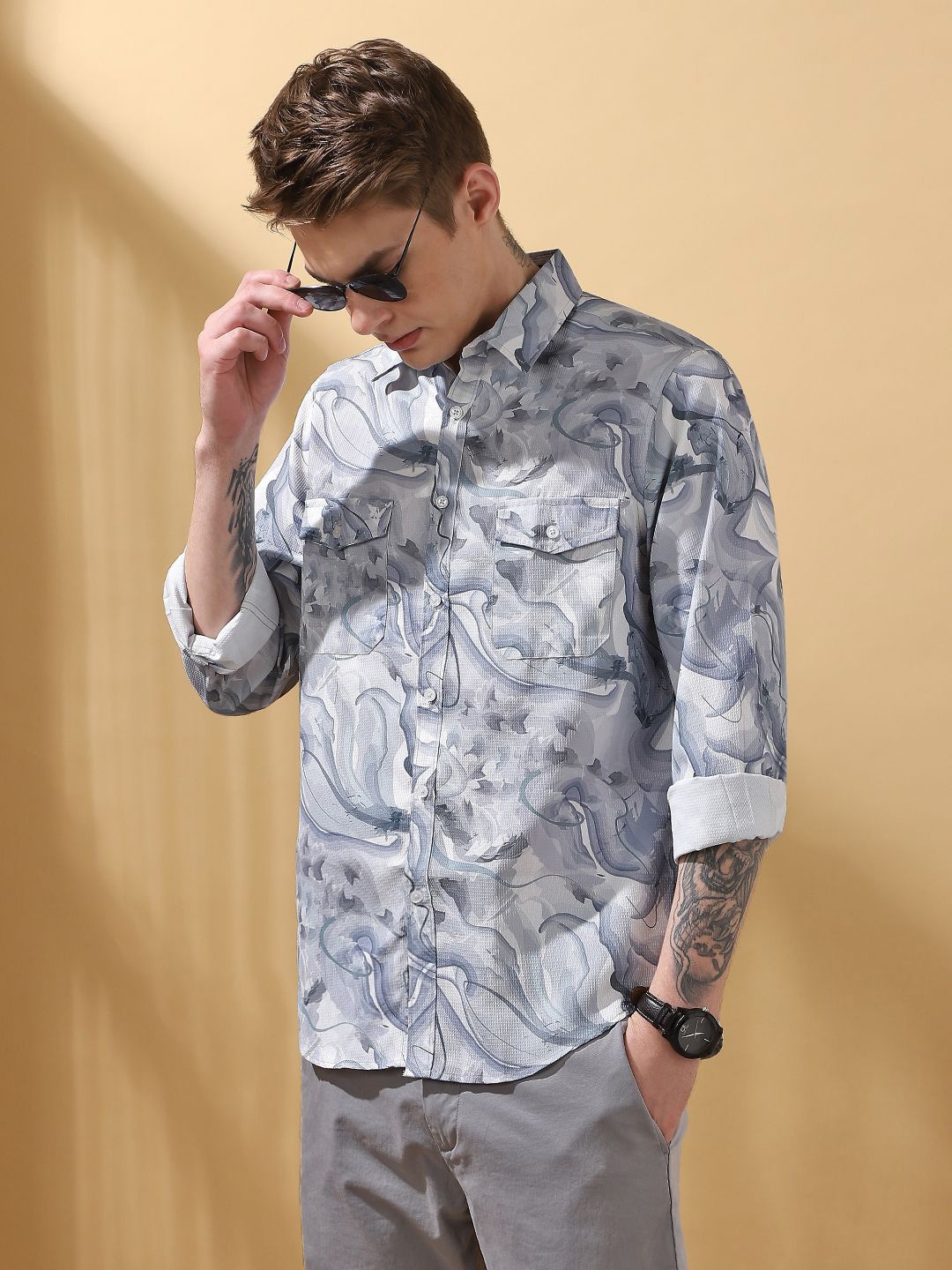 

Dennis Lingo Men Printed Textured Full Sleeves Spread Collar Casual Shirt, Grey