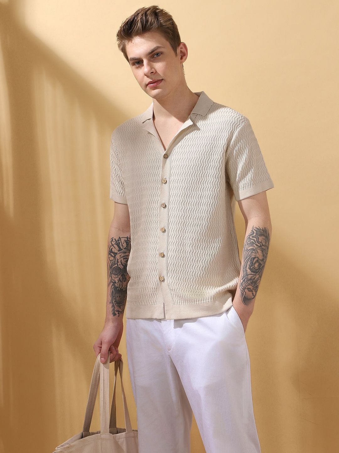 

Dennis Lingo Men Cuban Collar Half Sleeves Flat Knit Shirt, Off white