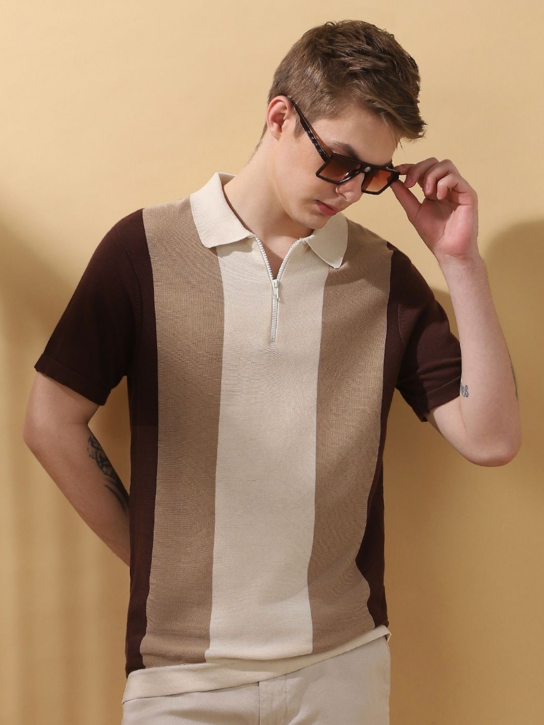 

Dennis Lingo Men Striped Polo Collar Cotton Flat Knit T-shirt, Coffee brown