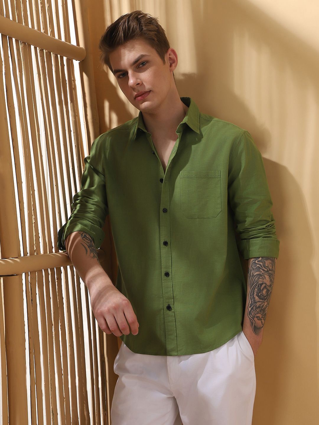 

Dennis Lingo Men Self Design Spread Collar Full Sleeves Casual Shirt, Green
