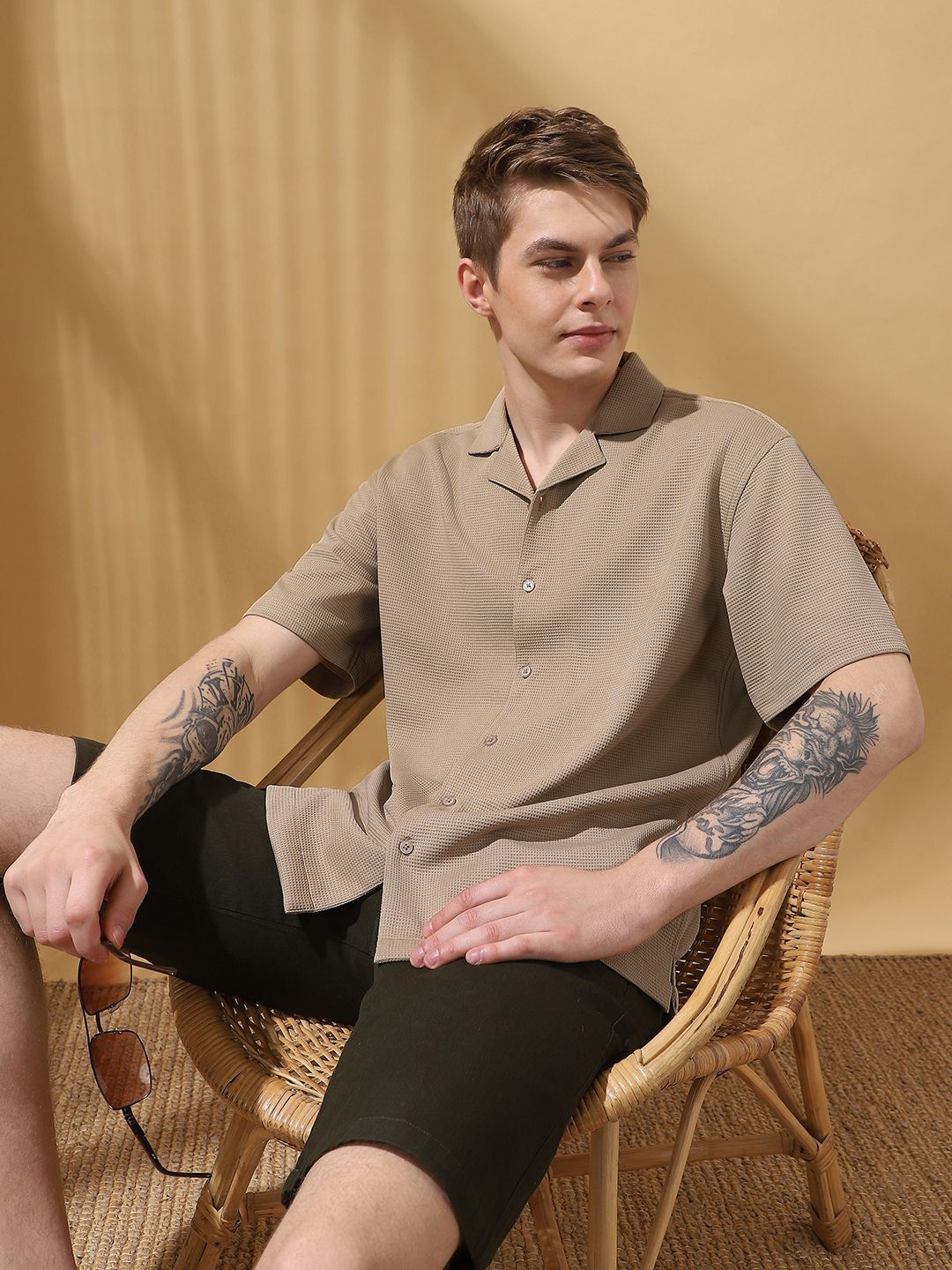 

Dennis Lingo Men Relaxed Fit Cuban Collar Textured Casual Shirt, Beige