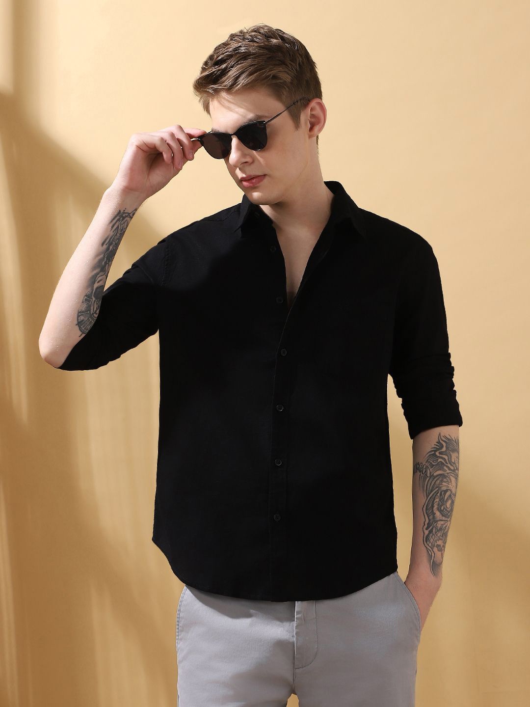

Dennis Lingo Men Self Design Spread Collar Full Sleeves Casual Shirt, Black