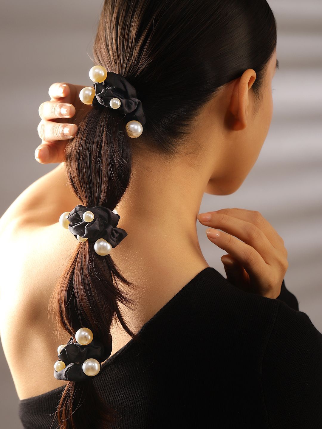 

Rubans Women Set of 3 Beaded Satin Hair Srunchies, Black