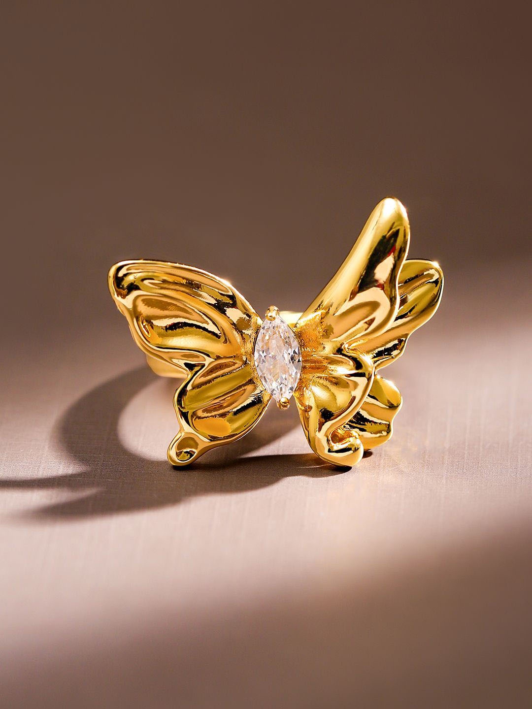 

Rubans Bold 22K Gold Plated Cubic Zirconia Butterfly Design Statement Adjustable Ring