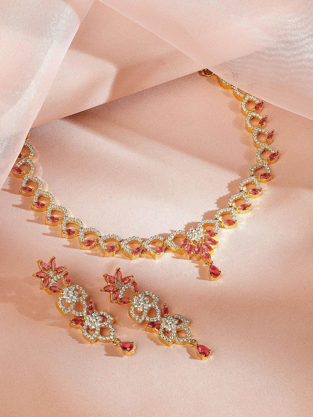 

Rubans 18K Gold Plated Ruby Pink & Cubic Zirconia Studded Necklace & Earrings Set