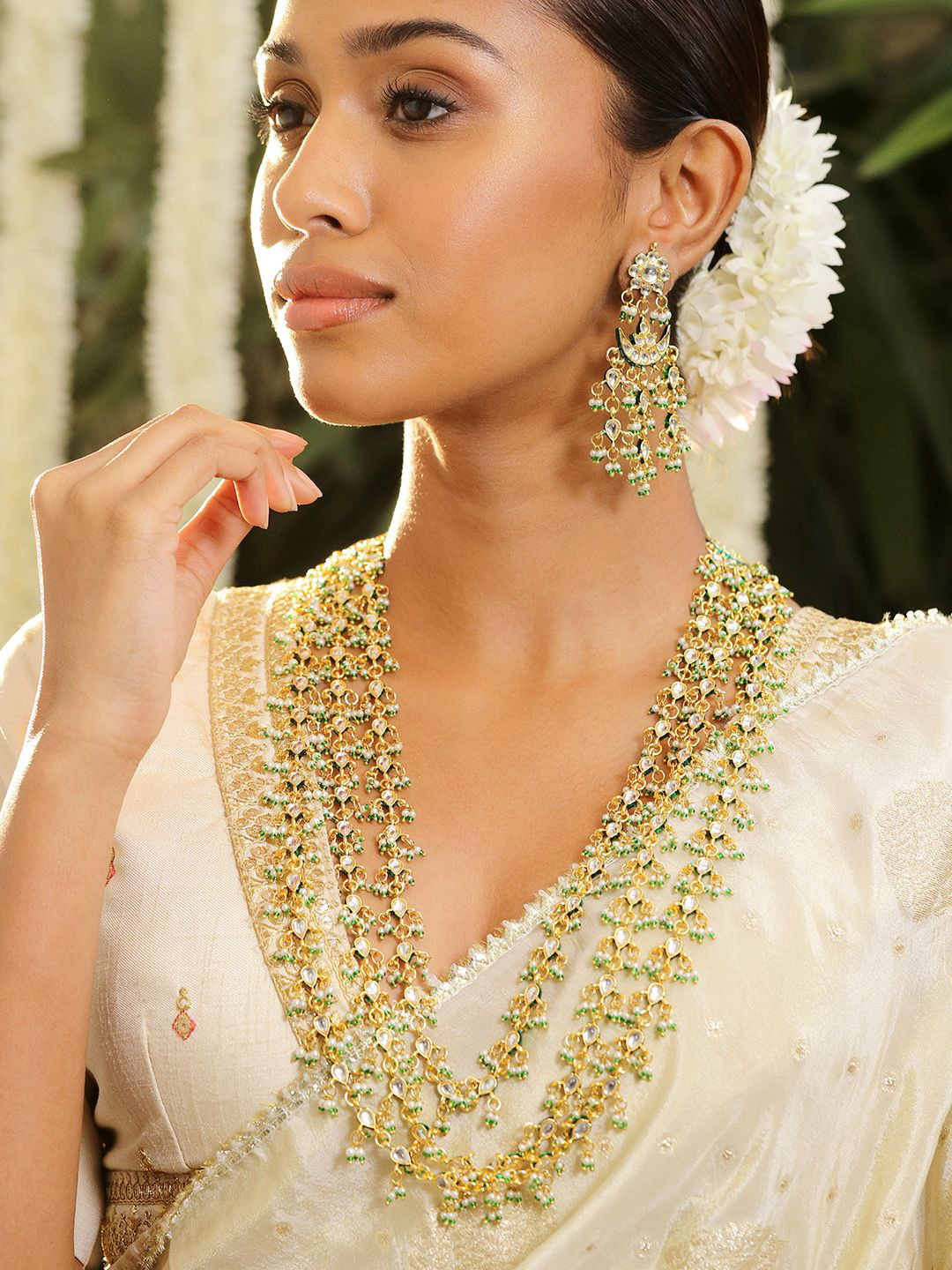 

Rubans 24K Gold Plated Kundan & Green Beaded Handcrafted Layered Necklace Set with Earring