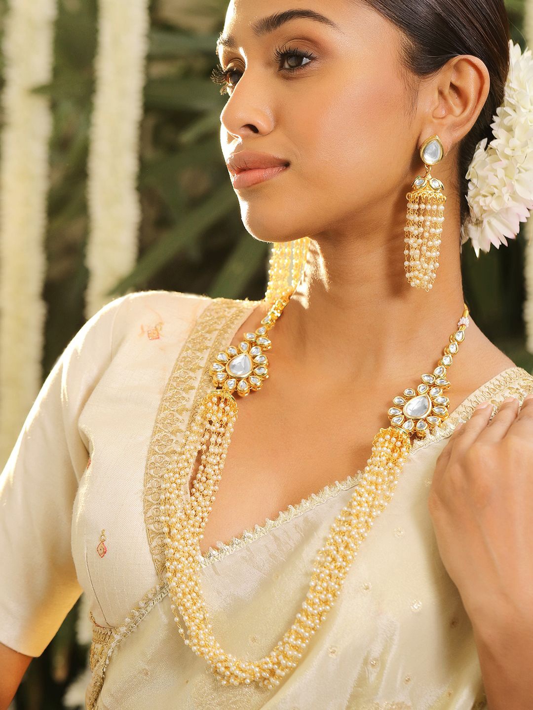 

Rubans 22K Gold Plated Kundan Studded Multi Strand Pearl Beaded Necklace Set