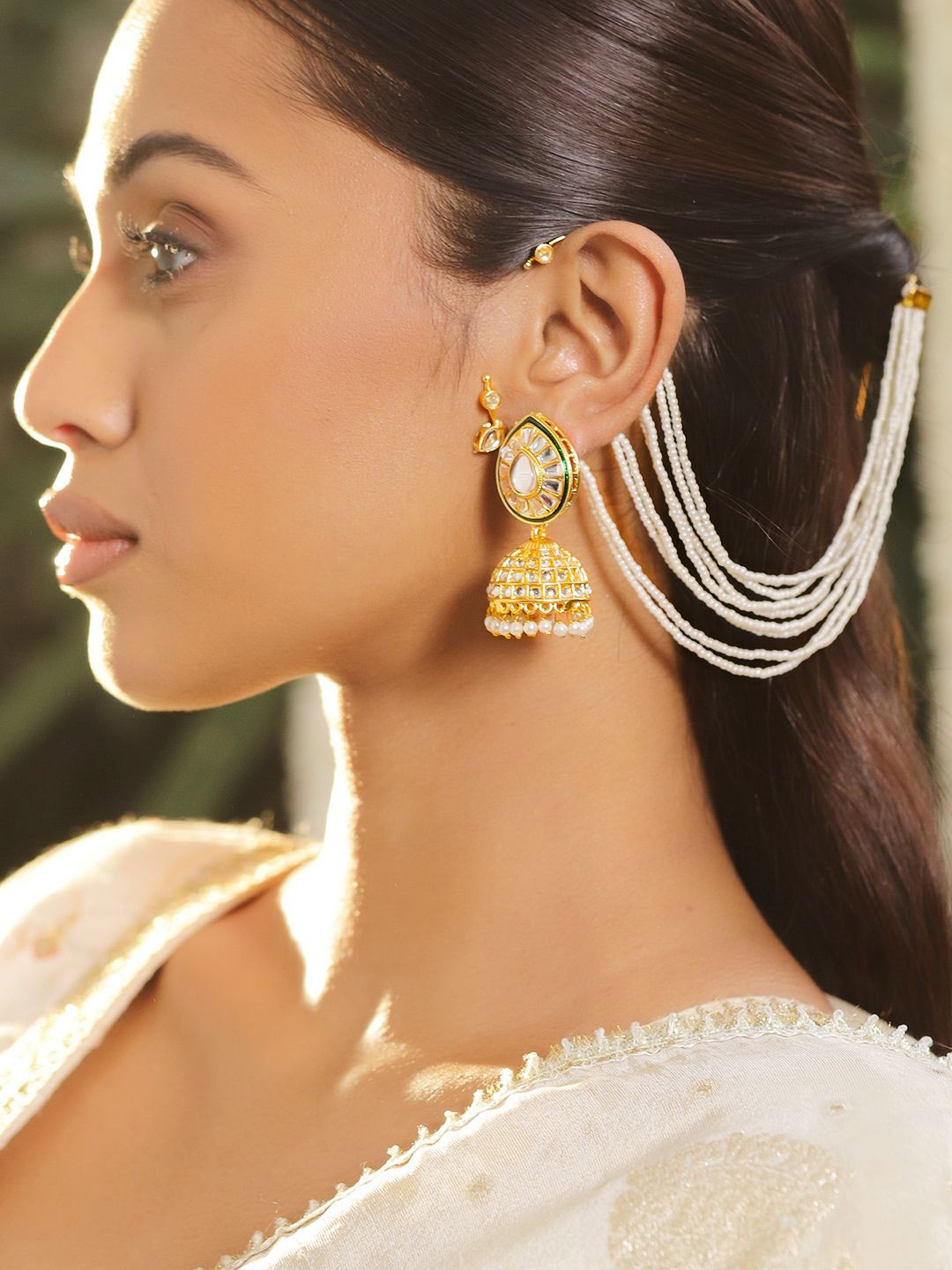 

Rubans Handcrafted 22K Gold Plated Kundan & Pearl Multi Strand Ear Cuff Jhumka Earring