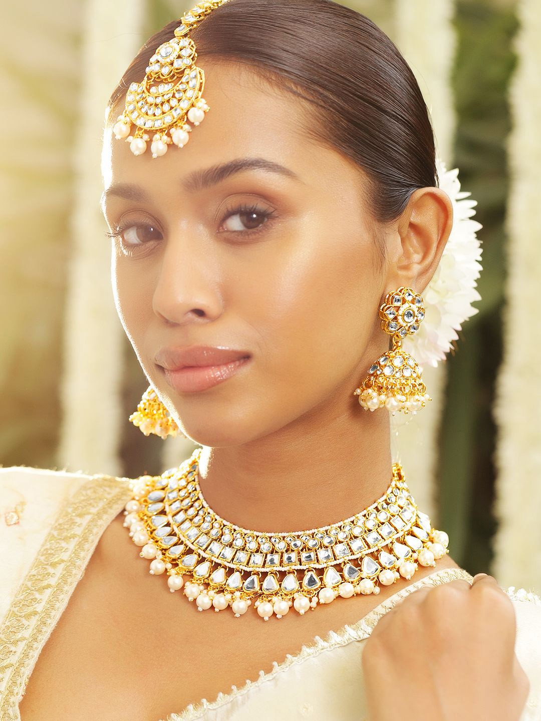 

Rubans 22K Gold Plated Handcrafted White Kundan & Pearl Bridal Choker Jewelry Set