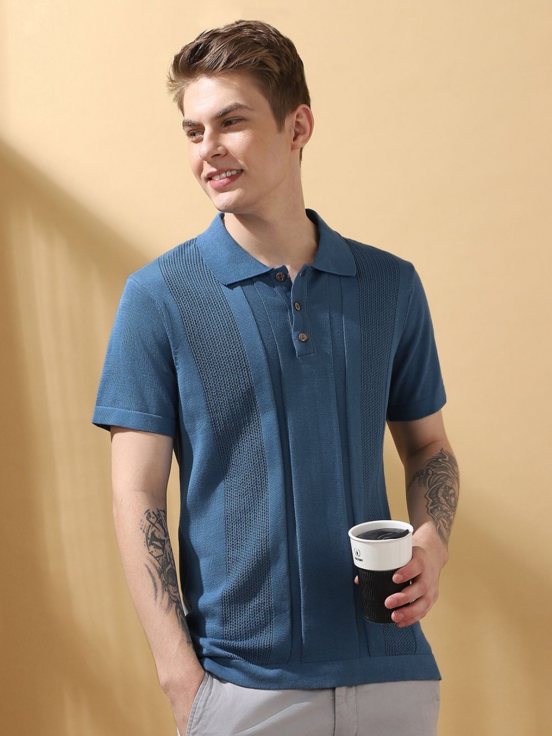 

Dennis Lingo Men Self Design Polo Collar Cotton Flat Knit T-shirt, Blue