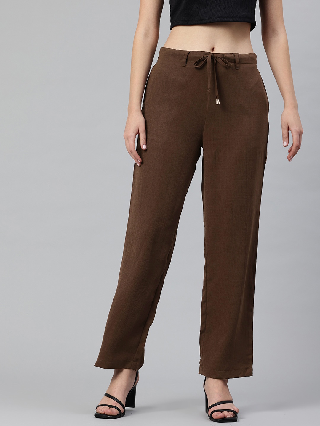 

Popnetic Women Textured High-Rise Straight Fit Parallel Trousers, Coffee brown