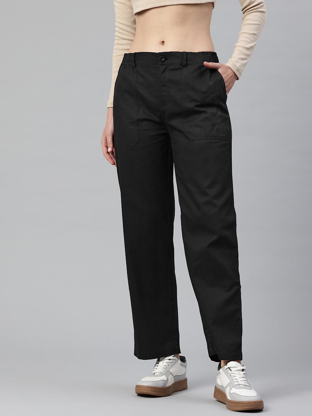 

Popnetic Women Solid High-Rise Trousers, Black