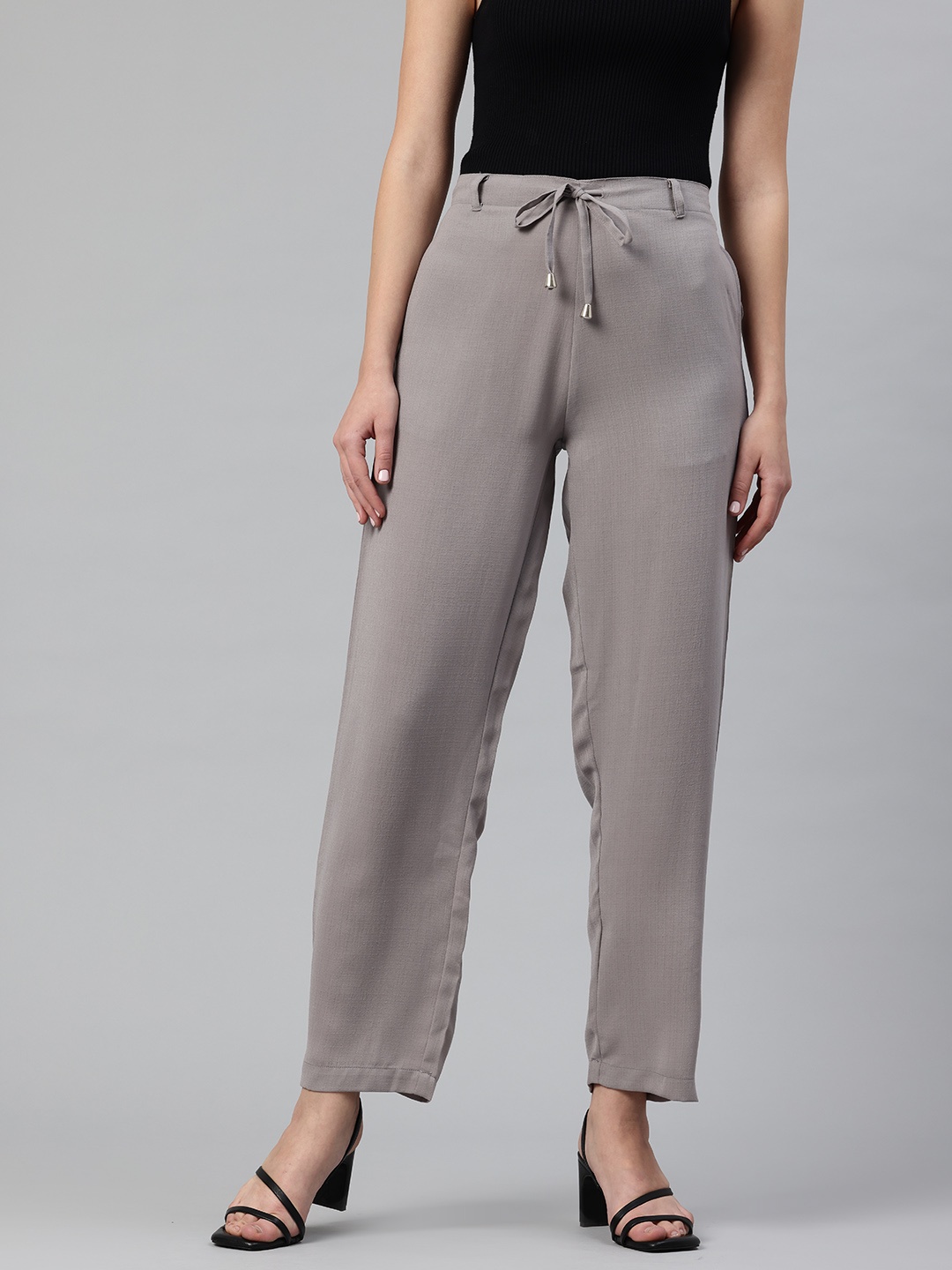 

Popnetic Women Textured High-Rise Straight Fit Parallel Trousers, Grey
