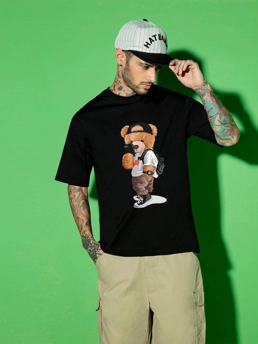 

The Dry State Men Photographic Printed Round Neck Cotton Oversized T-shirt, Black