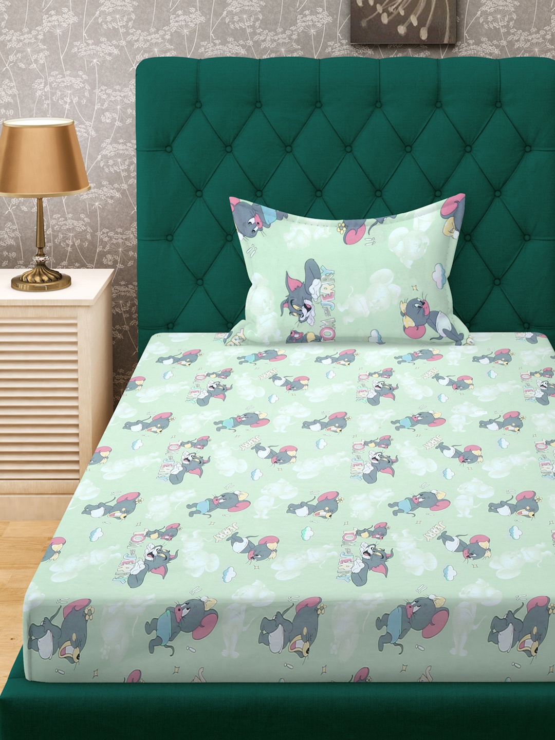 

KLOTTHE Green & Grey Printed Fitted 400TC Pure Cotton Single Bedsheet With Pillow Cover, Sea green