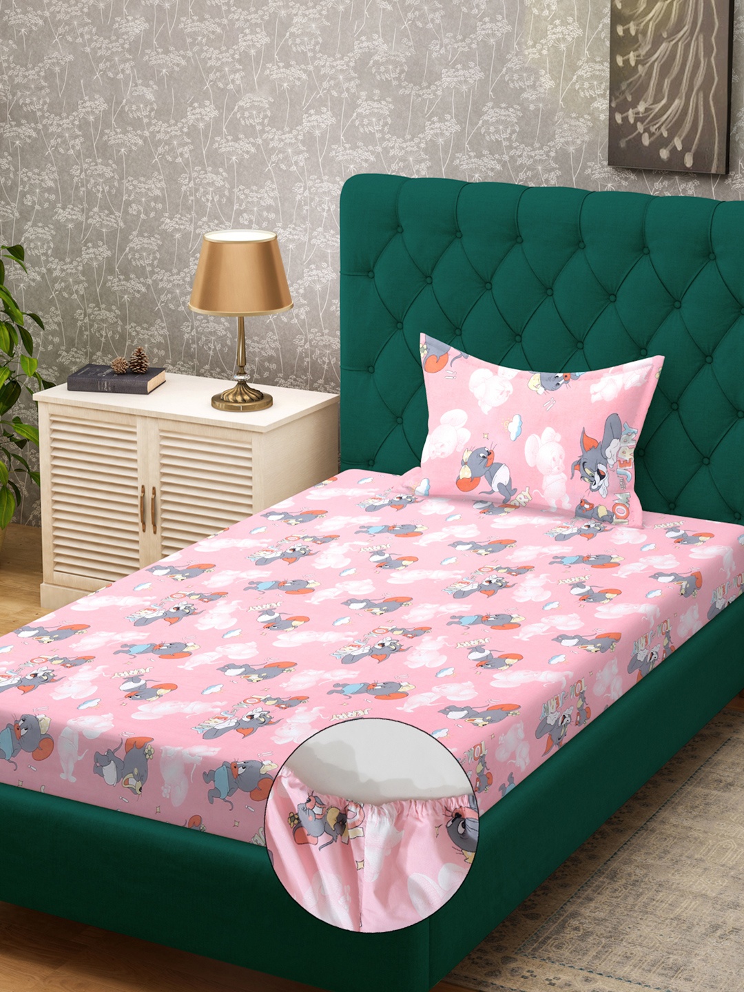 

KLOTTHE Kids Pink Printed 400 TC Pure Cotton Fitted Single Bedsheet Set- 2.25 m x 1.5 m