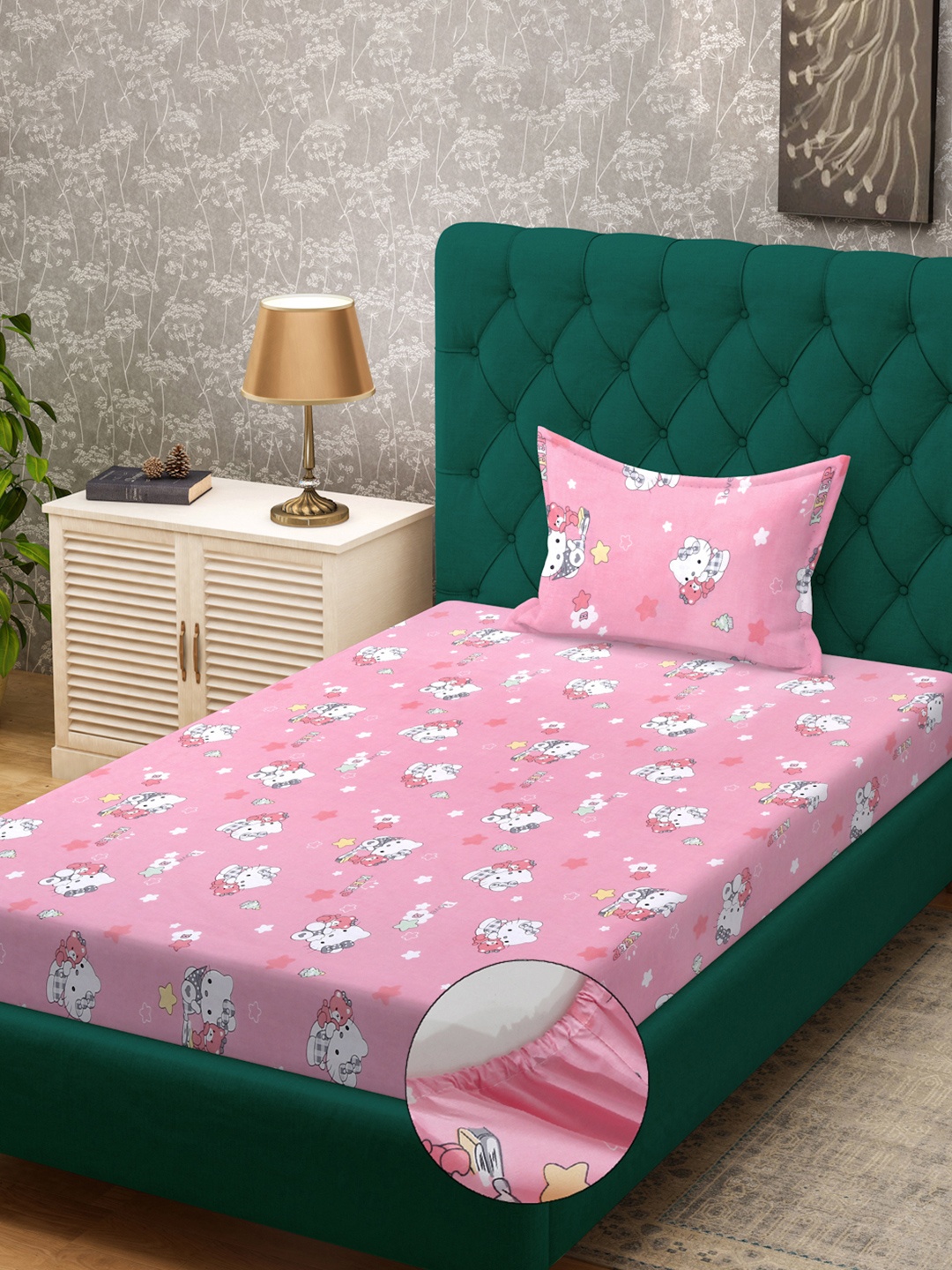 

KLOTTHE Pink & White Printed Fitted 400TC Pure Cotton Single Bedsheet With Pillow Cover