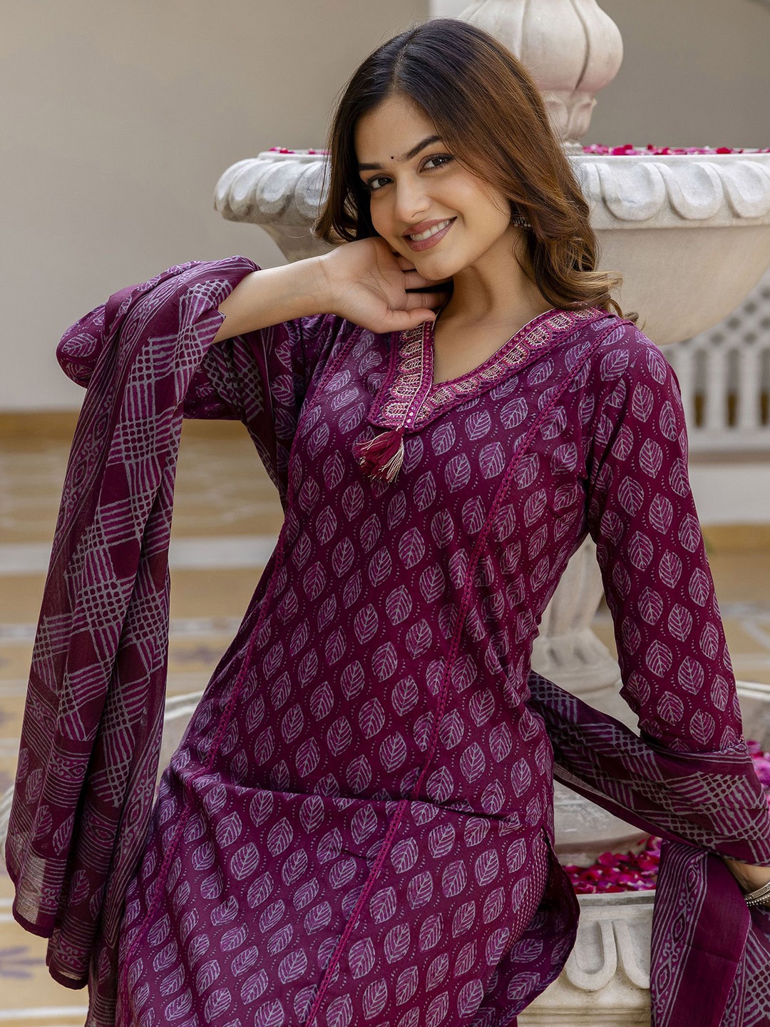 

EthniFlair Floral Printed V-Neck Pure Cotton Straight Kurta With Trousers And Dupatta, Maroon
