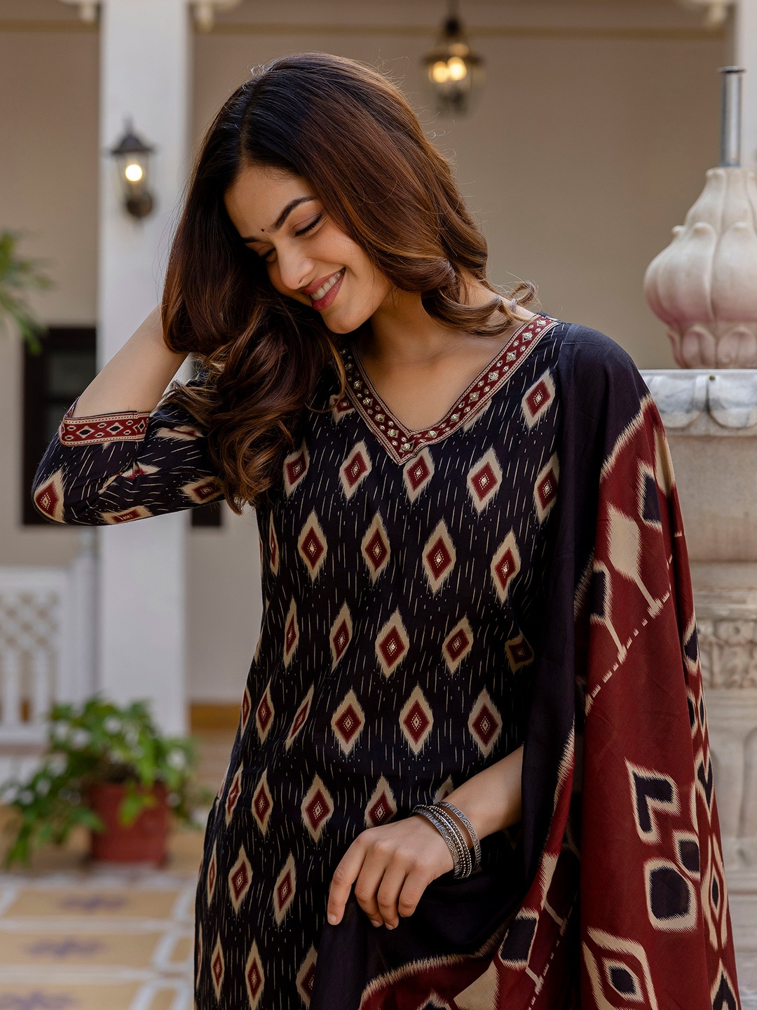 

EthniFlair Geometric Printed V-Neck Pure Cotton Straight Kurta With Trousers And Dupatta, Maroon
