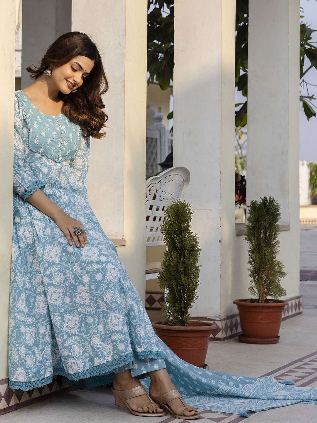 

EthniFlair Floral Printed Round Neck Pure Cotton Anarkali Kurta With Trousers And Dupatta, Blue